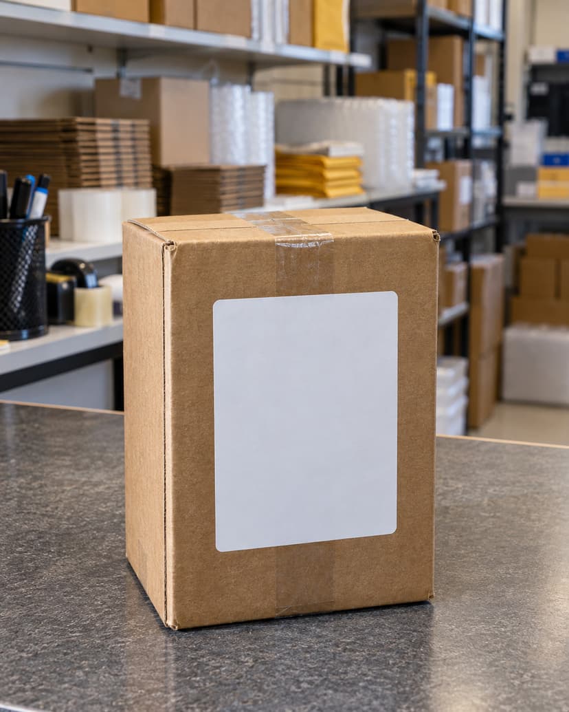 A sealed parcel with a blank label standing on the counter