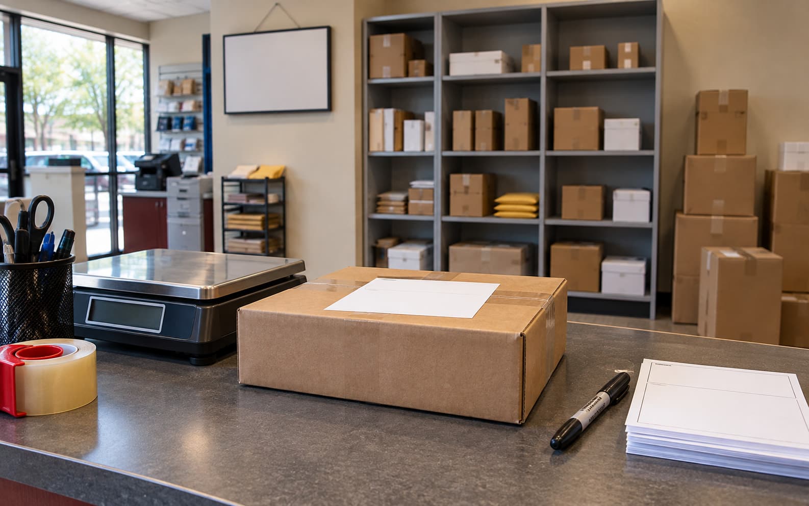 A parcel with a blank label on the scale at the drop-off counter