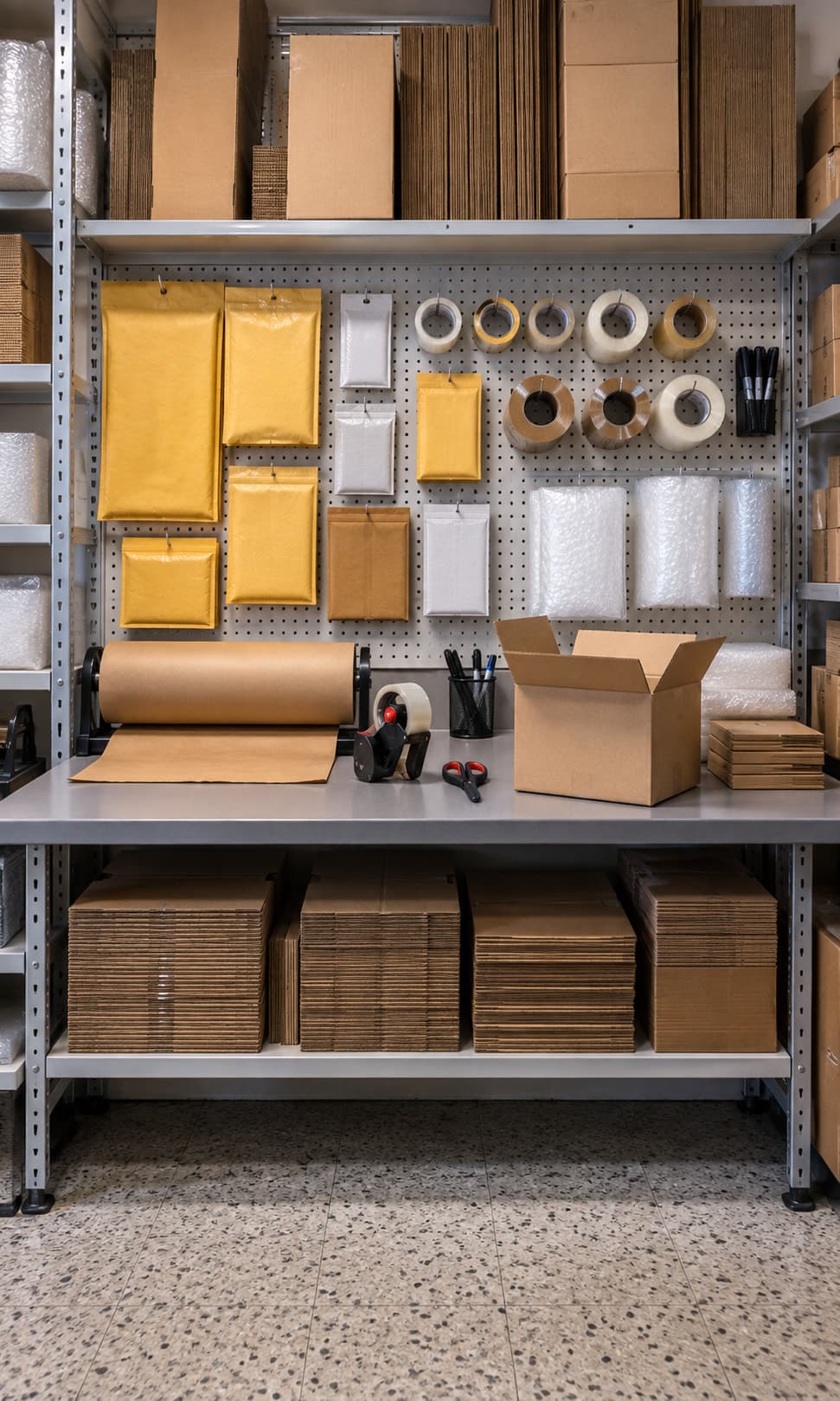 The packing bench, with kraft paper, tape and stacked boxes
