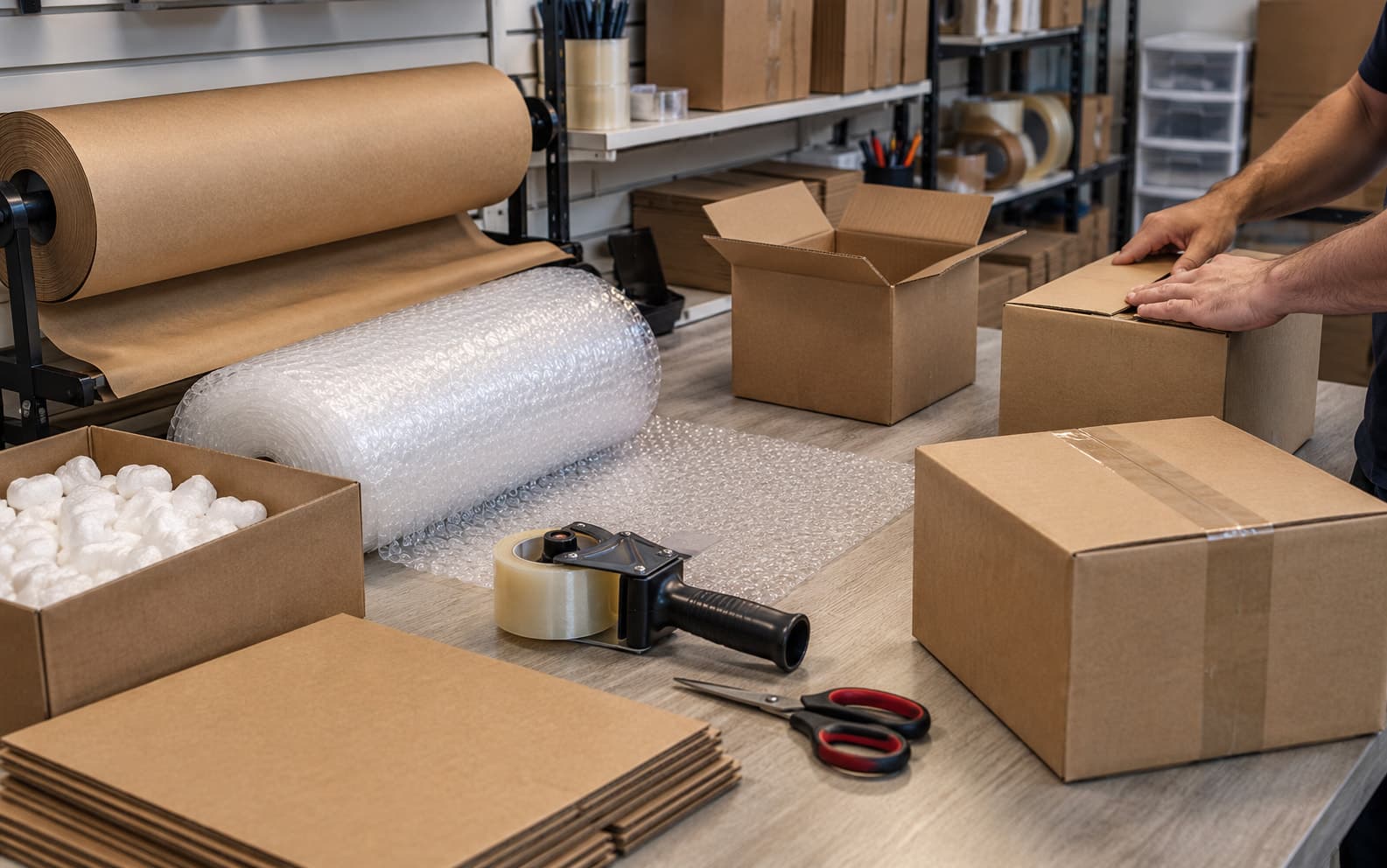 Hands folding a box at the packing station