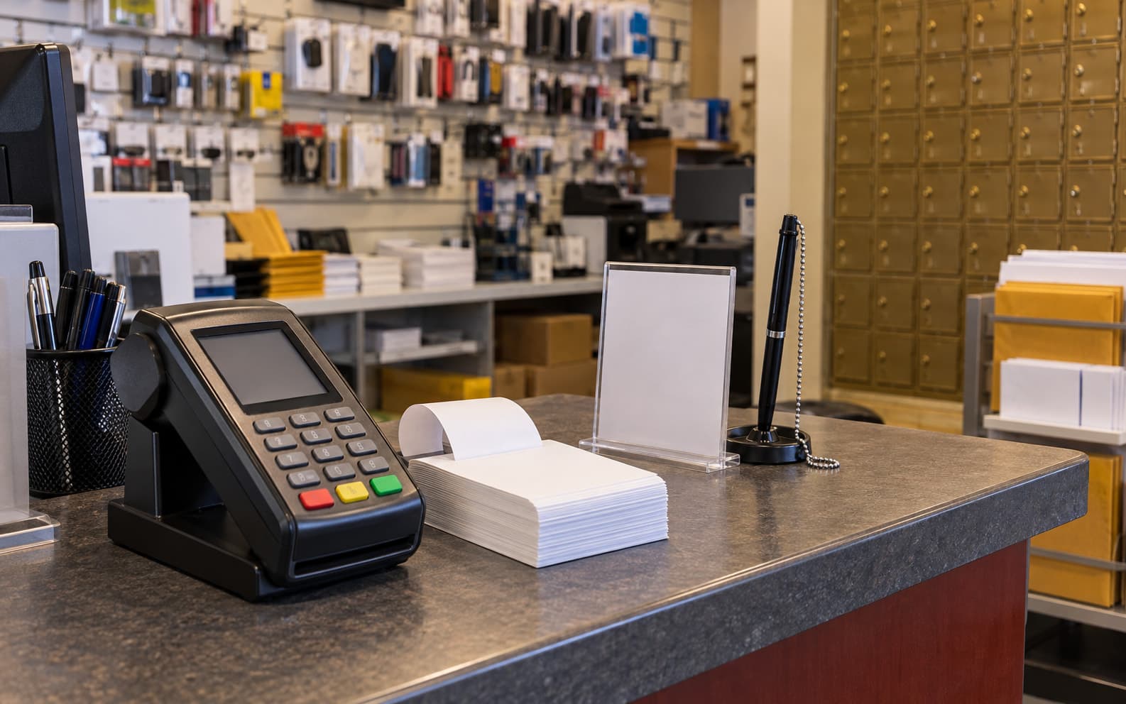 The bill payment counter, with a card terminal and a receipt printer