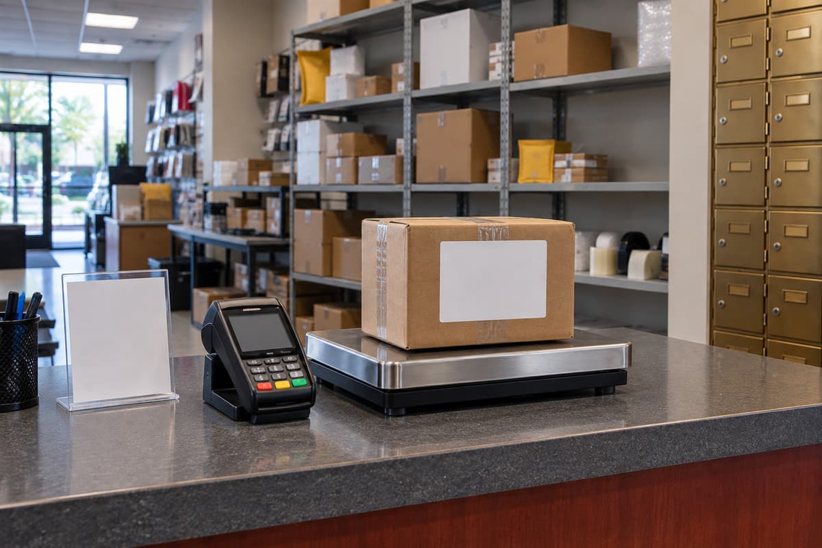 A parcel on the scale at the shipping counter