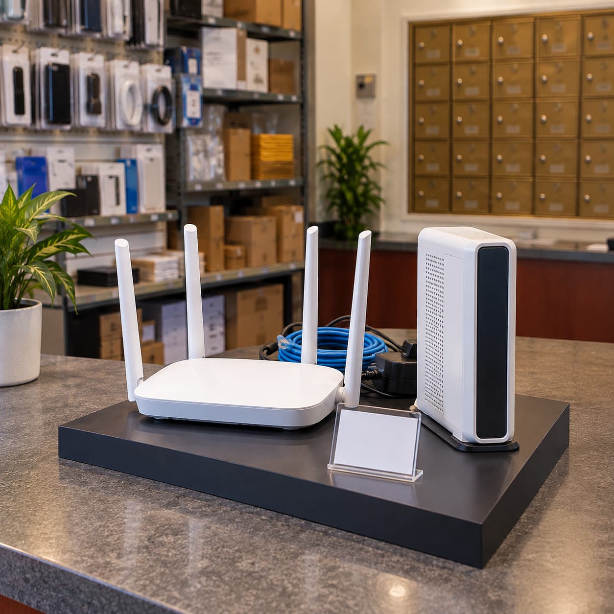 A Wi-Fi router and modem on display at the shop counter