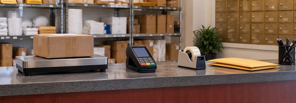 Along the counter: the parcel scale, card terminal and a roll of packing tape