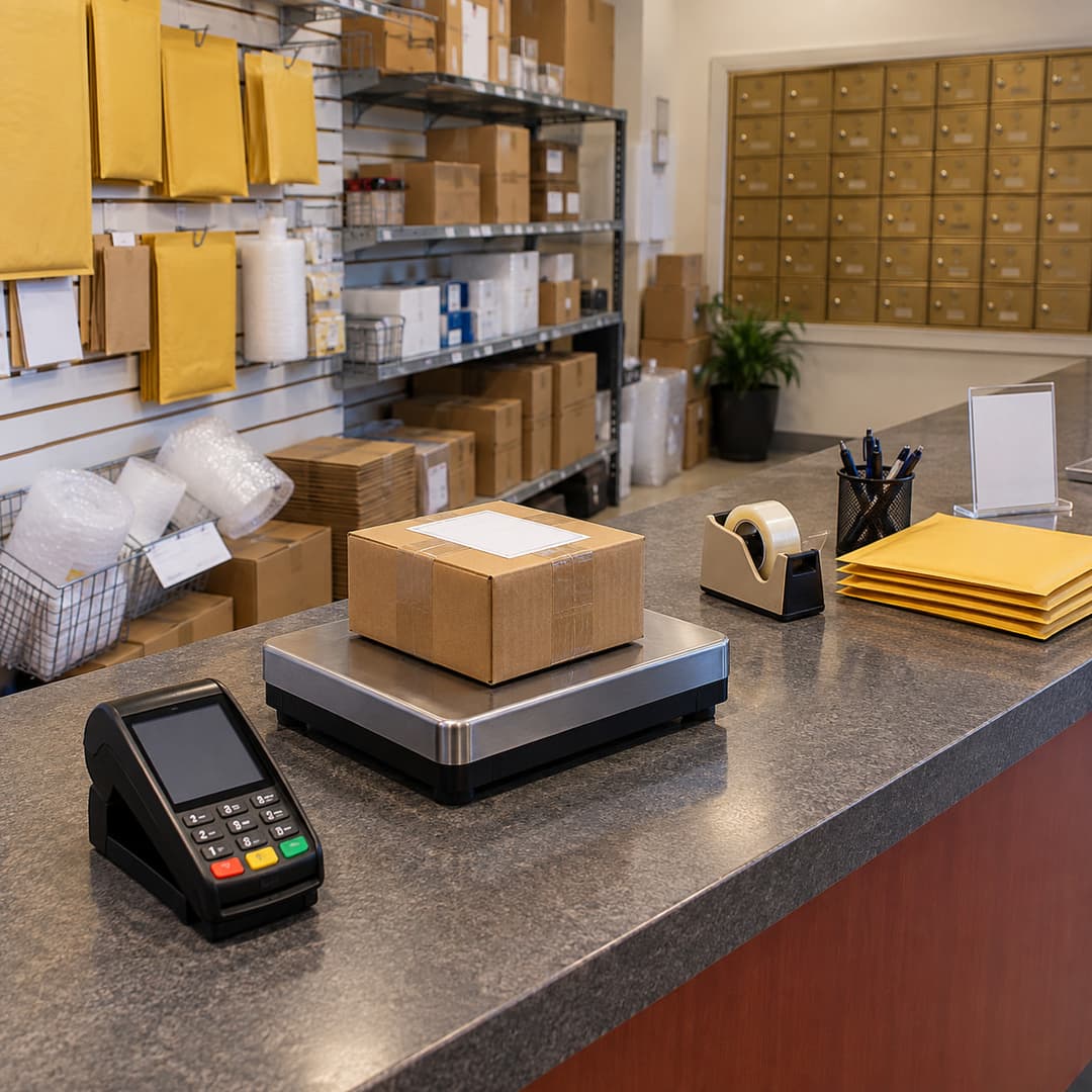 The service counter, with a parcel on the scale and a card terminal