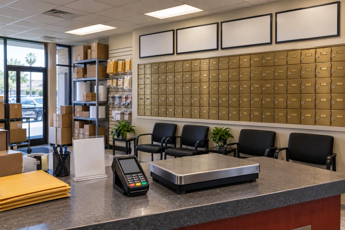 Inside the shop: the service counter, waiting chairs and the wall of private mailboxes