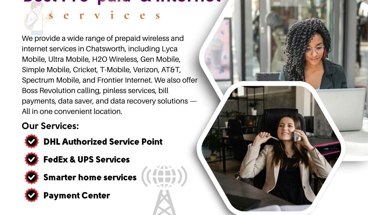 Exterior of Ship Plus Cell Plus storefront in Chatsworth offering mobile services, Spectrum internet, DHL shipping, smart home support, and bill payment solutions