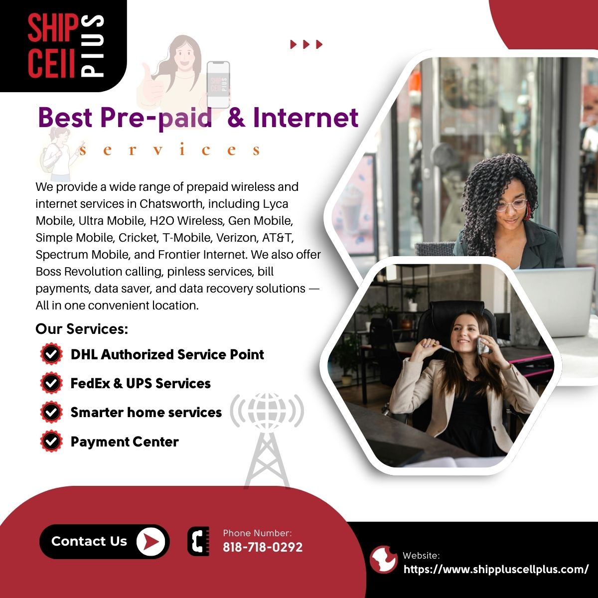 Exterior of Ship Plus Cell Plus storefront in Chatsworth offering mobile services, Spectrum internet, DHL shipping, smart home support, and bill payment solutions
