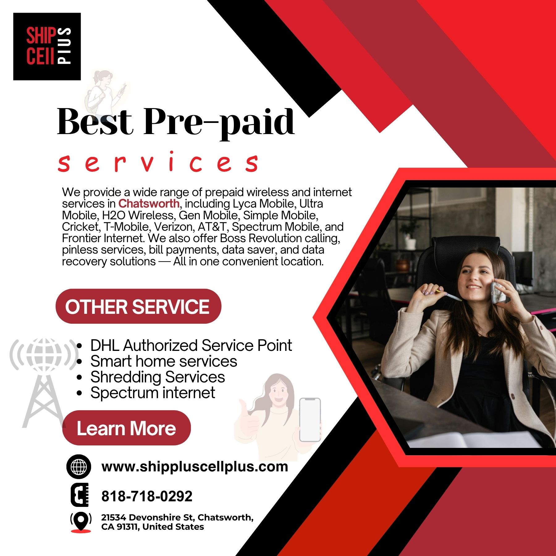 Ship Plus Cell Plus prepaid Verizon wireless services in Chatsworth