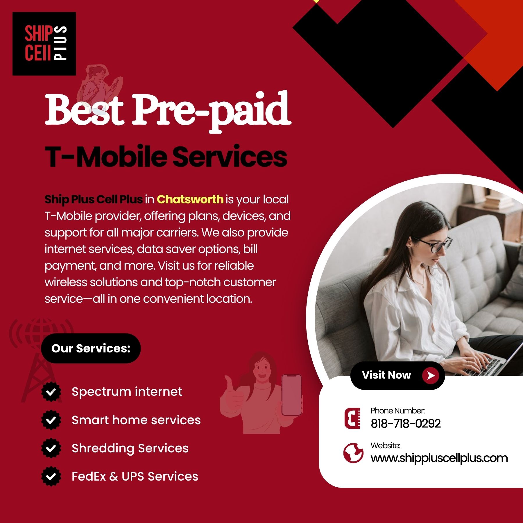 Ship Plus Cell Plus storefront in Chatsworth offering T-Mobile wireless services