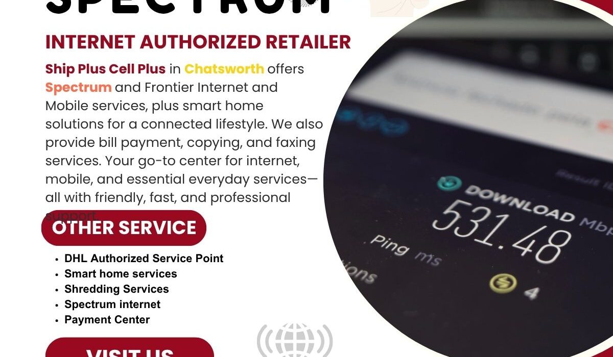 Ship Plus Cell Plus storefront offering Spectrum and Frontier internet services in Chatsworth.