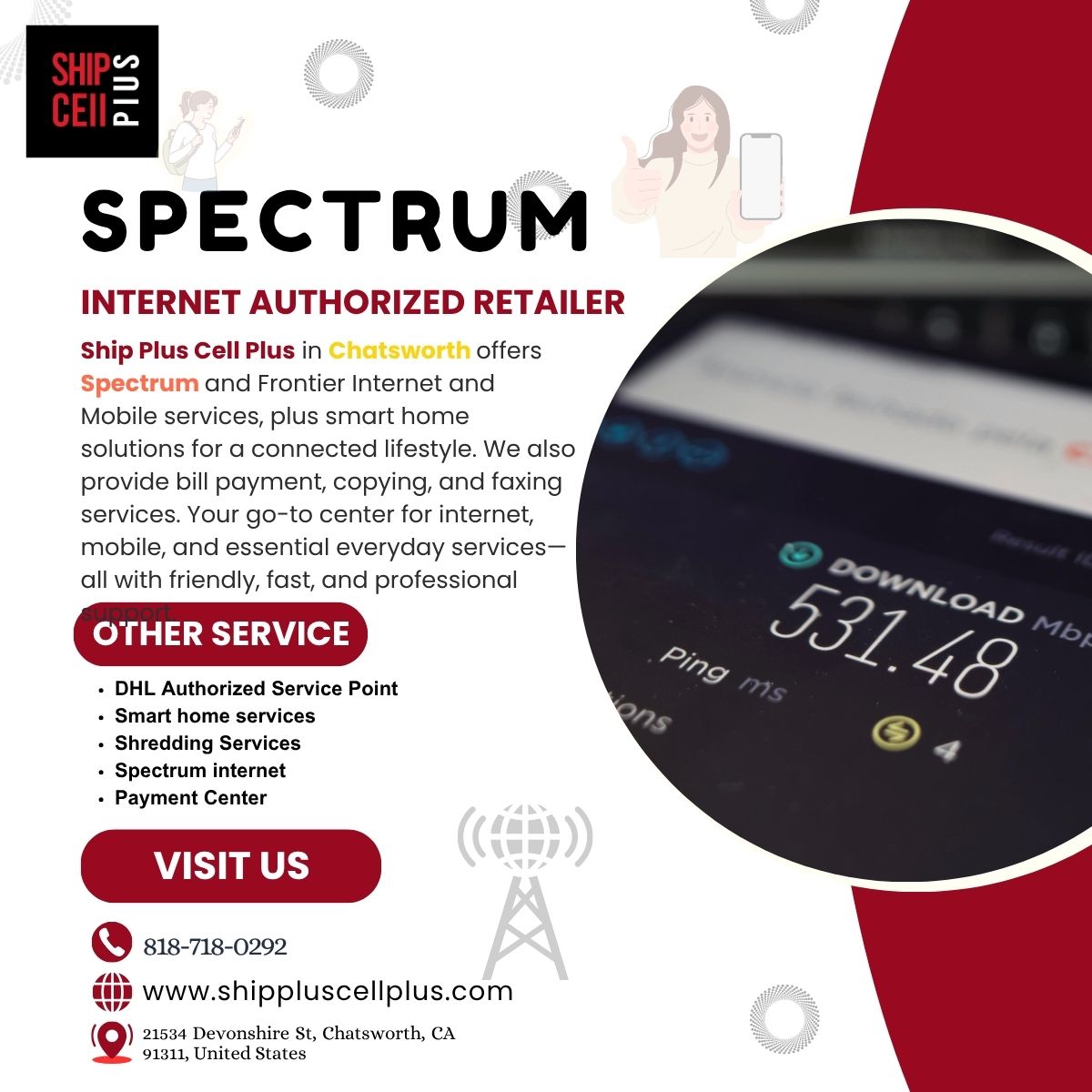 Ship Plus Cell Plus storefront offering Spectrum and Frontier internet services in Chatsworth.