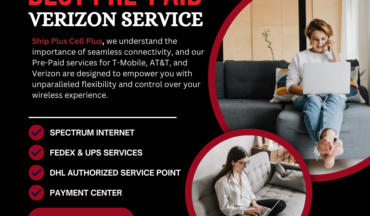 Ship Plus Cell Plus storefront offering prepaid Verizon wireless services in Chatsworth
