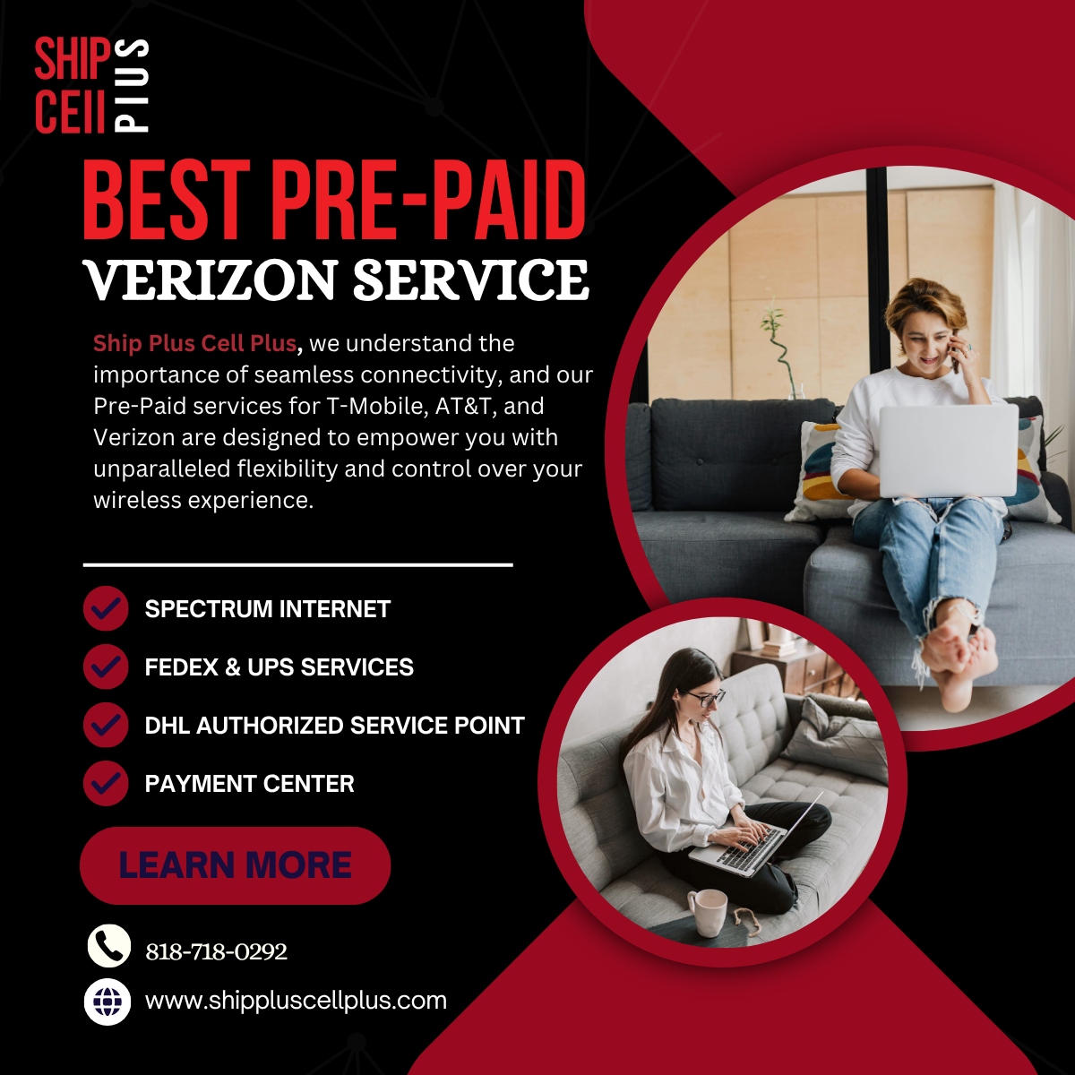 Ship Plus Cell Plus storefront offering prepaid Verizon wireless services in Chatsworth