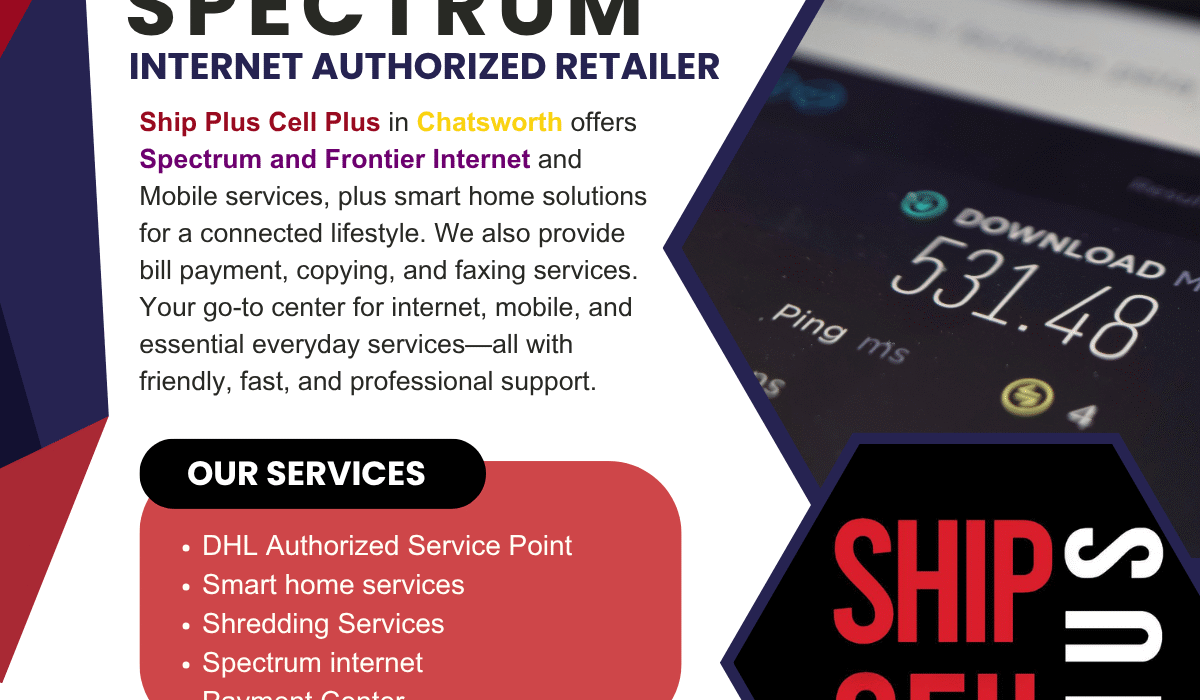 Friendly staff assisting customer with Spectrum internet and smart home setup at Ship Plus Cell Plus in Chatsworth