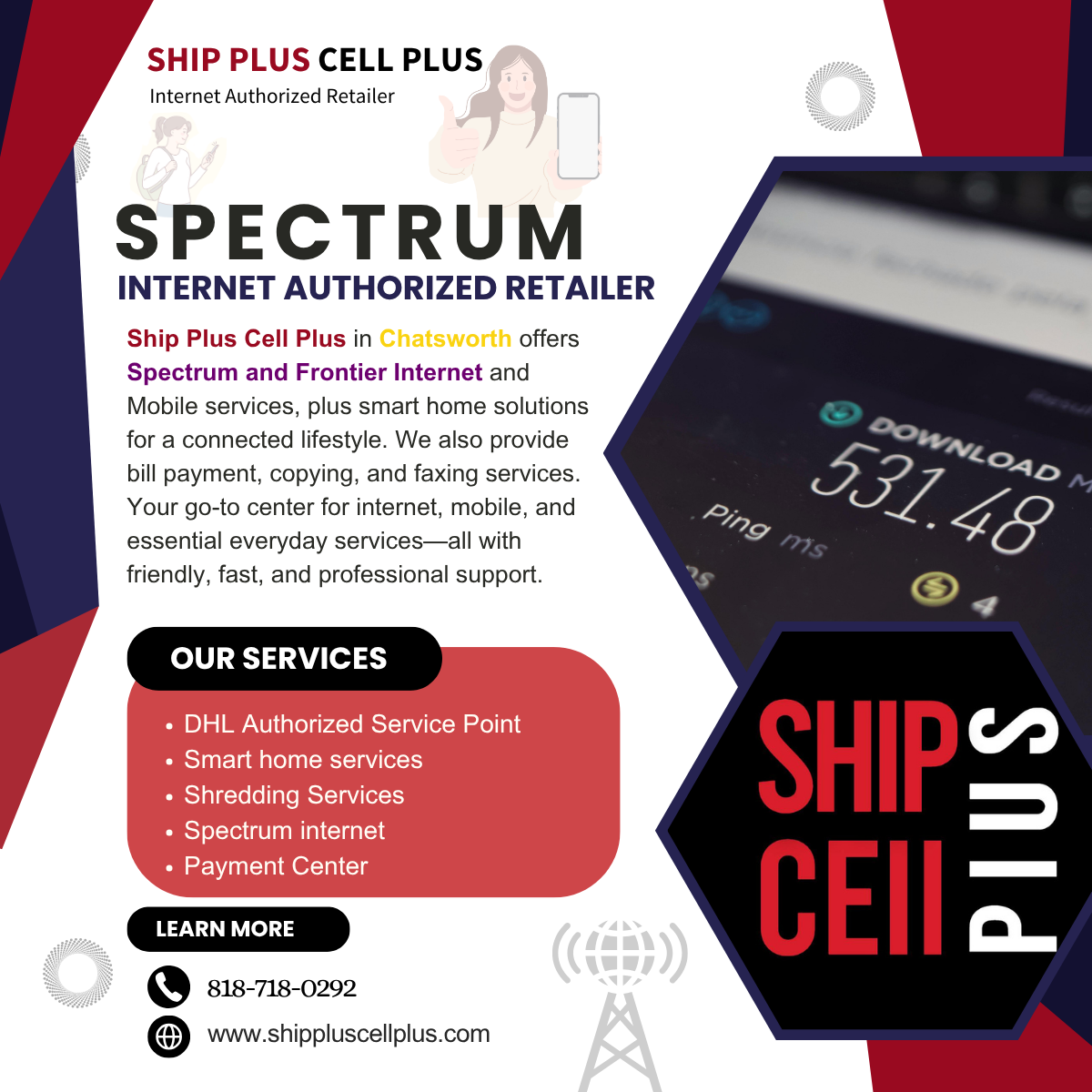 Friendly staff assisting customer with Spectrum internet and smart home setup at Ship Plus Cell Plus in Chatsworth