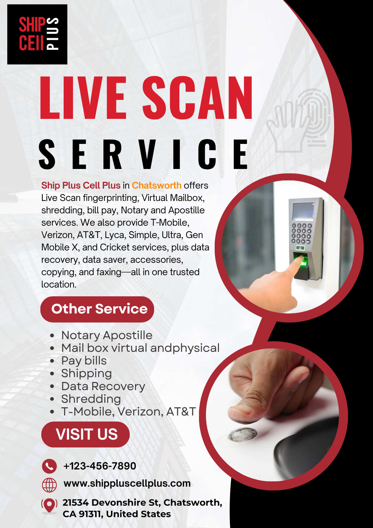 Customer receiving mobile, Live Scan, and Virtual Mailbox services at Ship Plus Cell Plus in Chatsworth