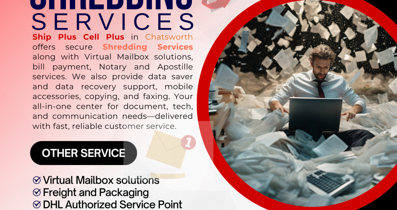 Front view of Ship Plus Cell Plus in Chatsworth offering document shredding, virtual mailbox, notary, and tech services