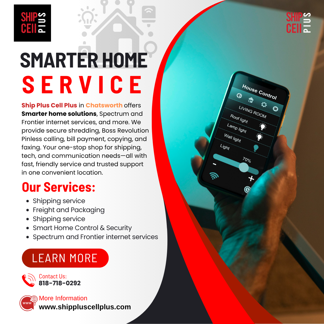 Customer receiving smart home setup advice at Ship Plus Cell Plus store in Chatsworth