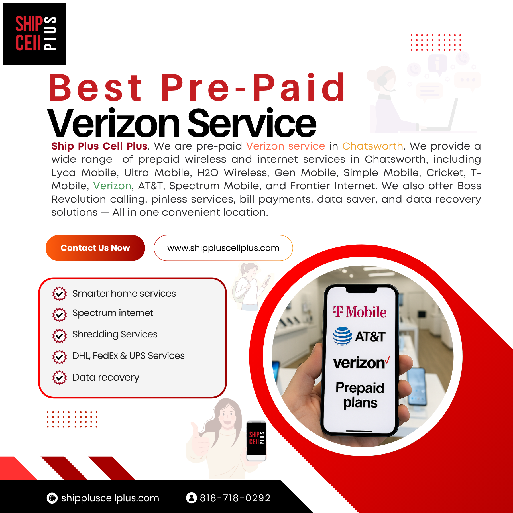 Customer exploring prepaid Verizon wireless services at Ship Plus Cell Plus in Chatsworth