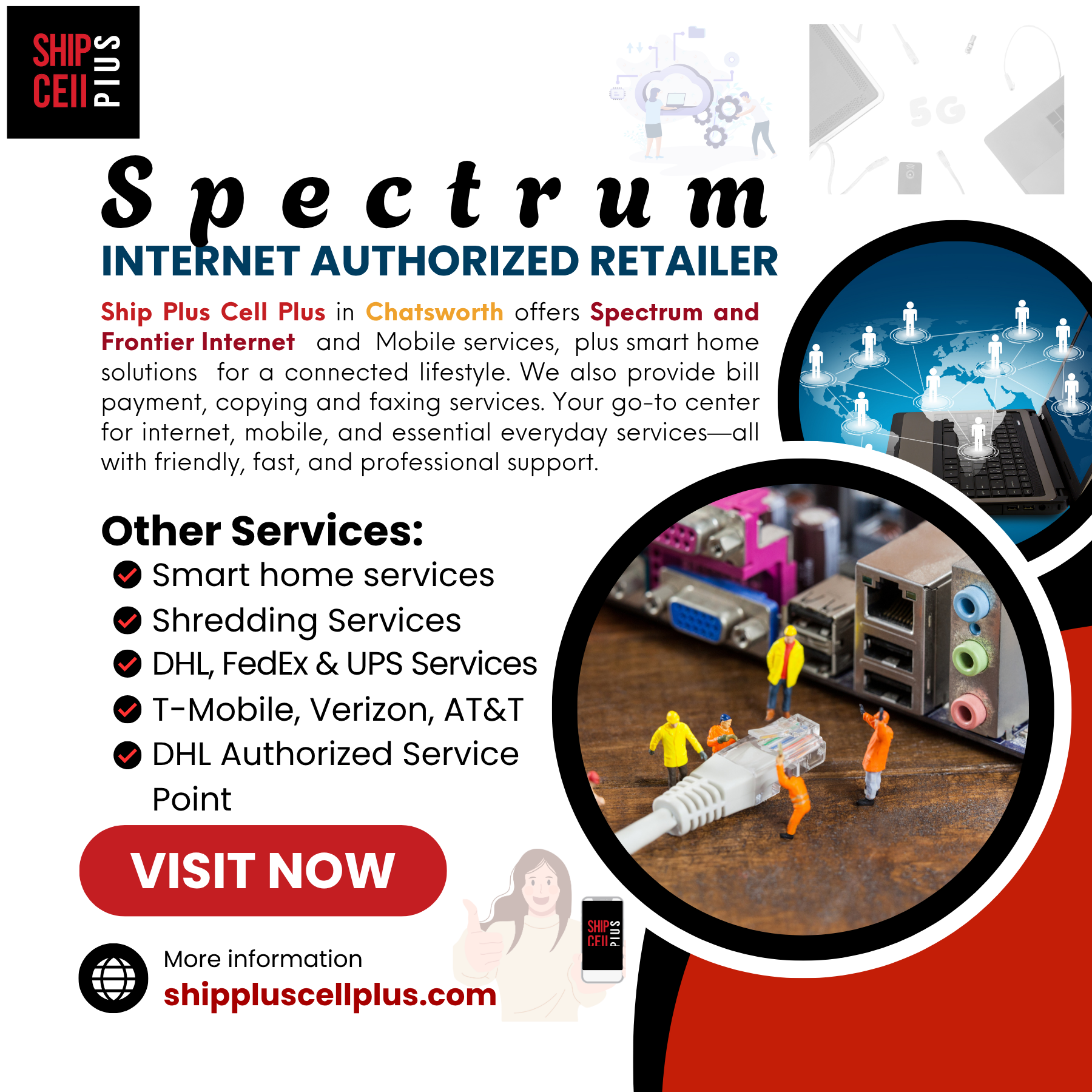 Front view of Ship Plus Cell Plus store in Chatsworth, CA, offering Spectrum and Frontier internet services, bill payment, secure shredding, Boss Revolution calling, and shipping solutions.