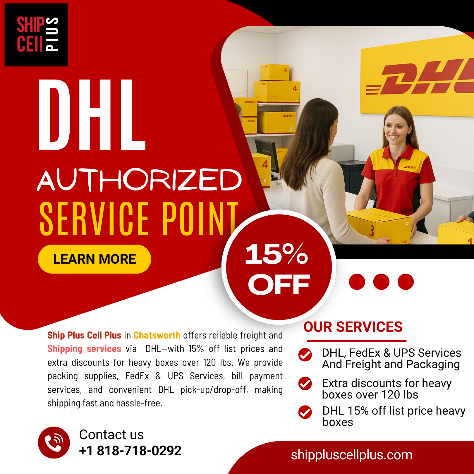 Ship Plus Cell Plus storefront in Chatsworth, CA offering discounted DHL, FedEx, UPS shipping and freight services