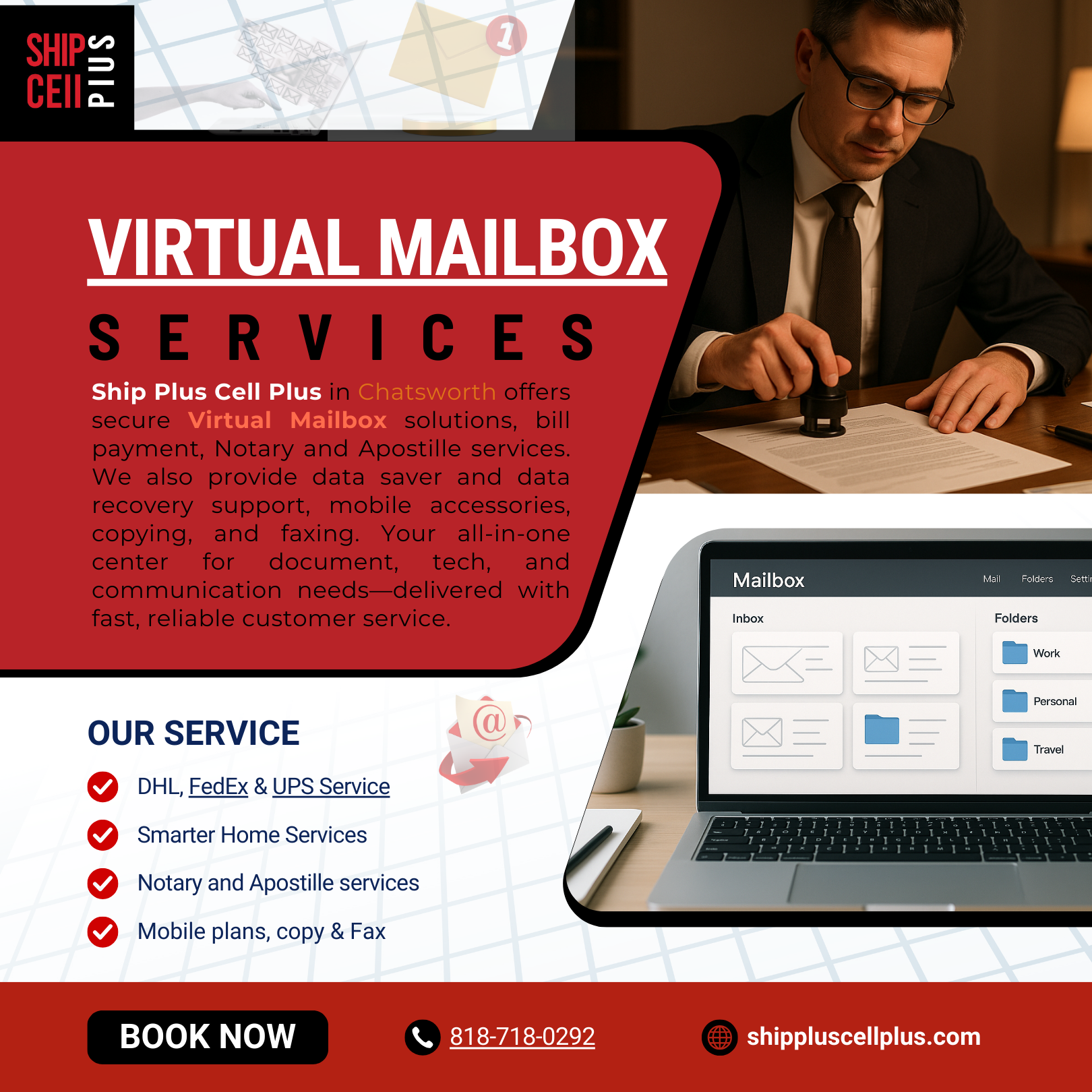 Ship Plus Cell Plus Chatsworth store offering Virtual Mailbox, DHL shipping, notary, shredding, and business services in the San Fernando Valley.