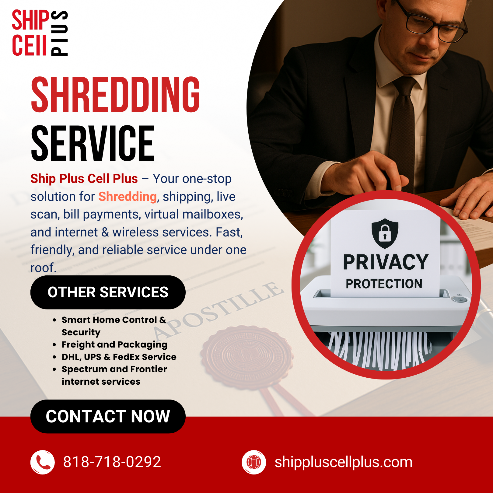 Customer using Ship Plus Cell Plus in Chatsworth for shredding, shipping, live scan, and virtual mailbox services.