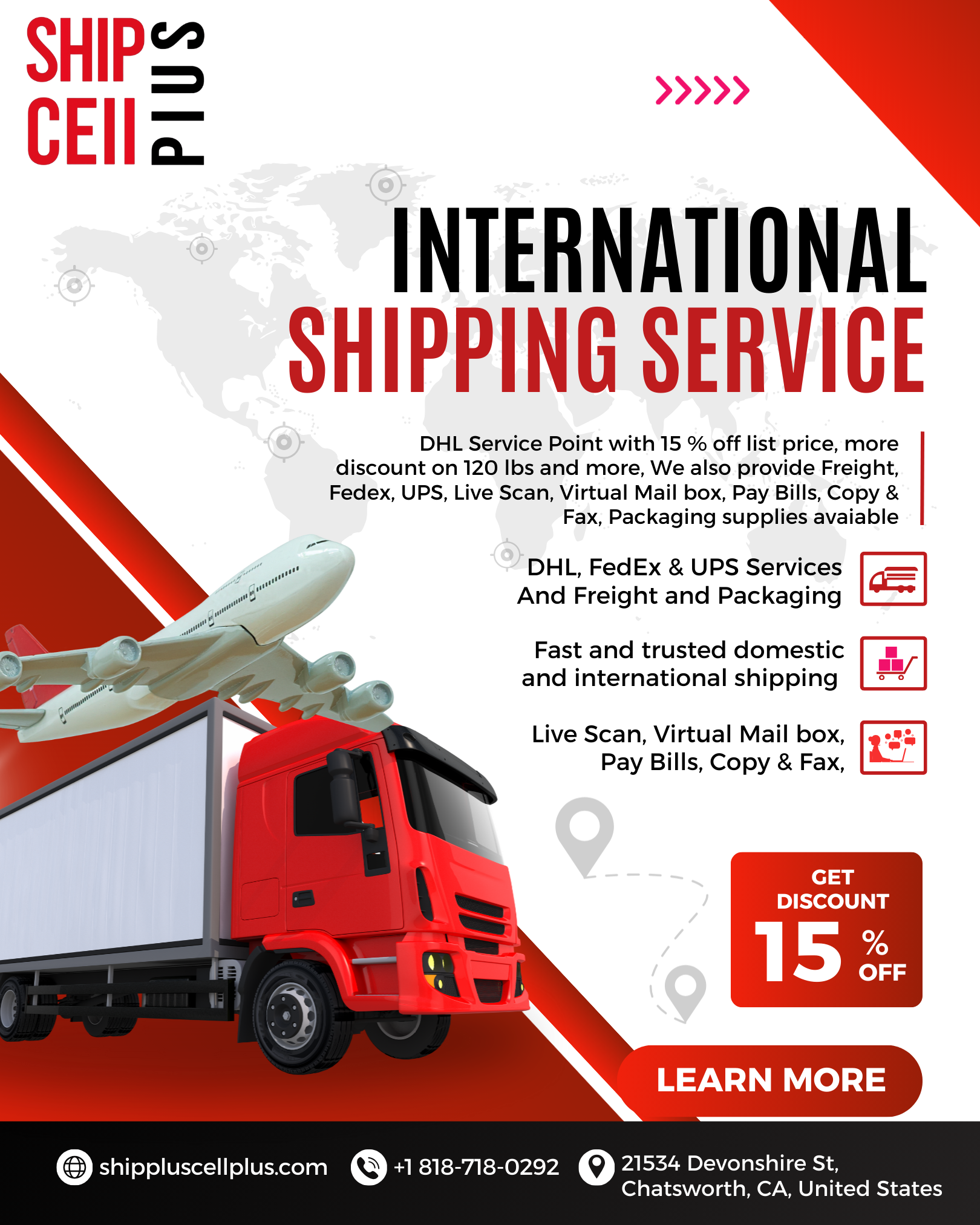 Ship Plus Cell Plus storefront in Chatsworth CA offering DHL, UPS, FedEx shipping and freight services with discounted rates