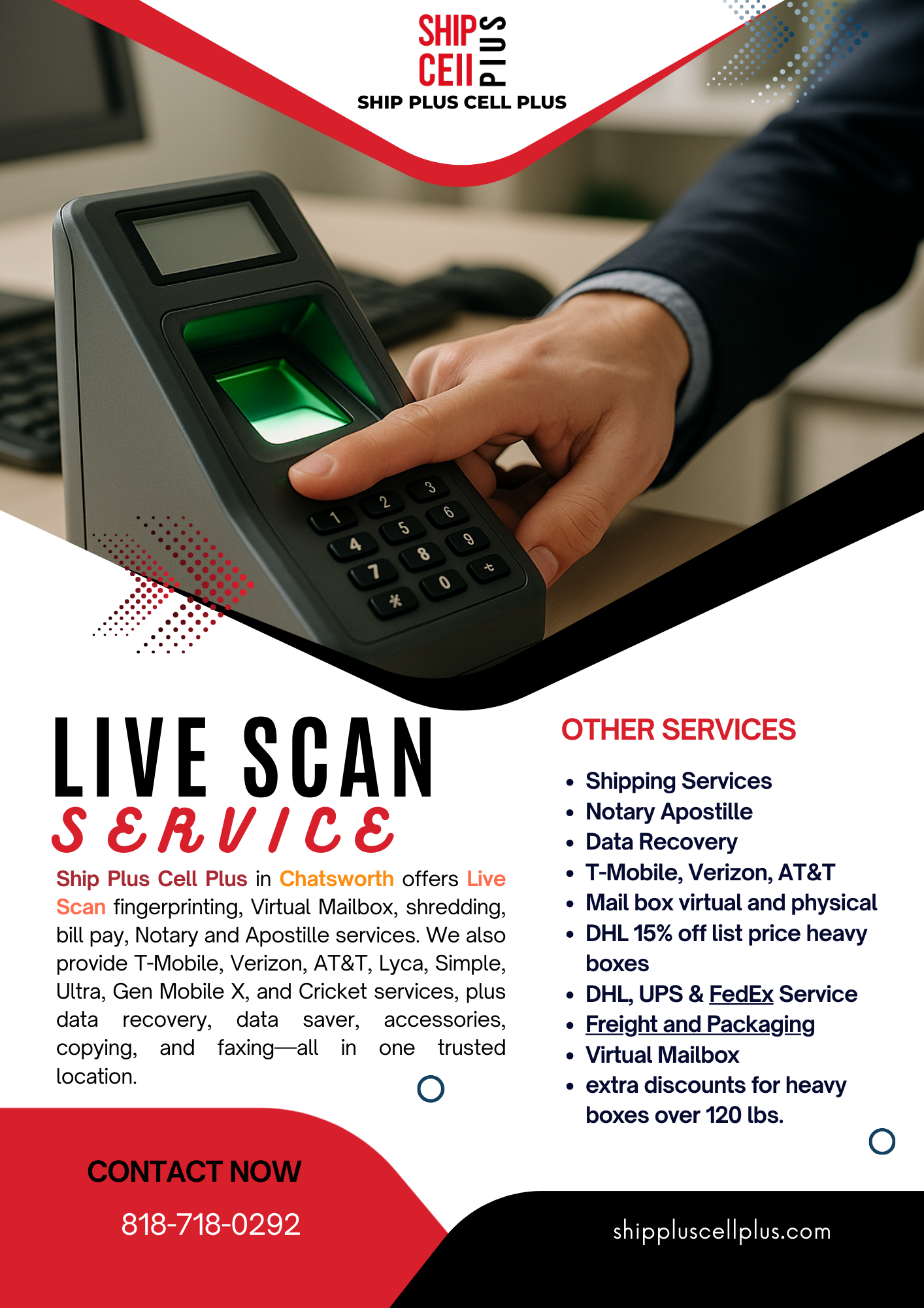 Customer receiving Live Scan and Virtual Mailbox services at Ship Plus Cell Plus in Chatsworth California
