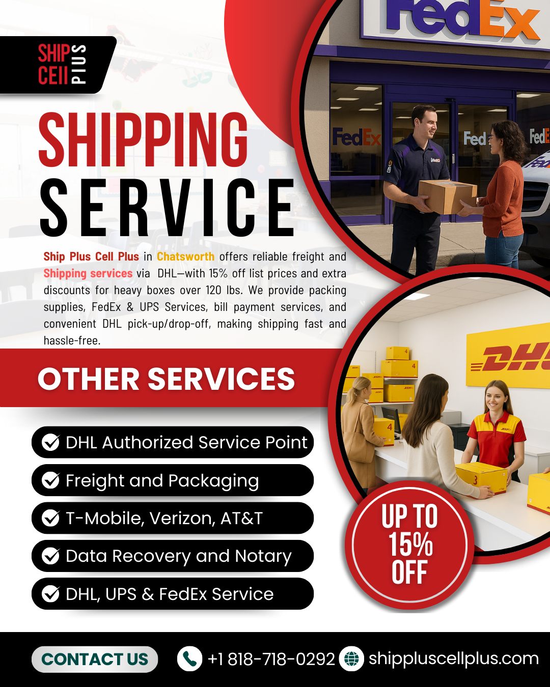 Ship Plus Cell Plus storefront in Chatsworth CA offering discounted DHL, UPS, and FedEx shipping and freight services