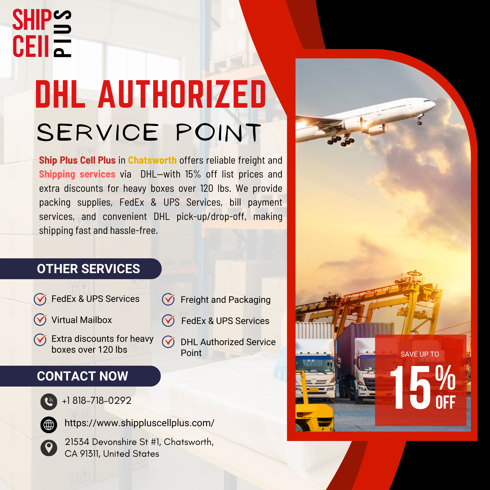 Reliable shipping services in Chatsworth including DHL, FedEx, UPS, freight, and packaging at Ship Plus Cell Plus.