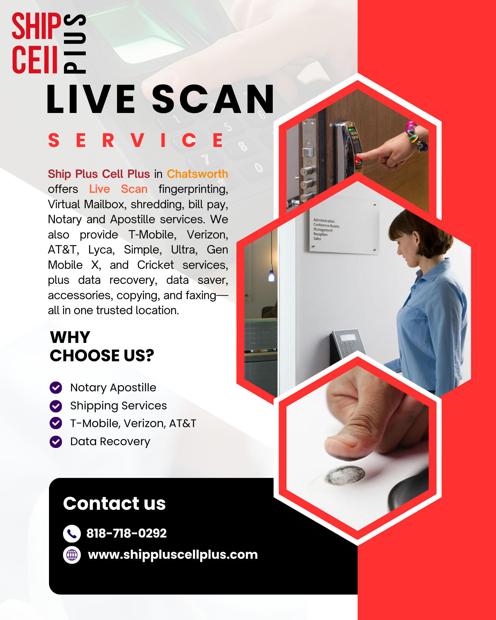 Professional Live Scan fingerprinting services at Ship Plus Cell Plus in Chatsworth.