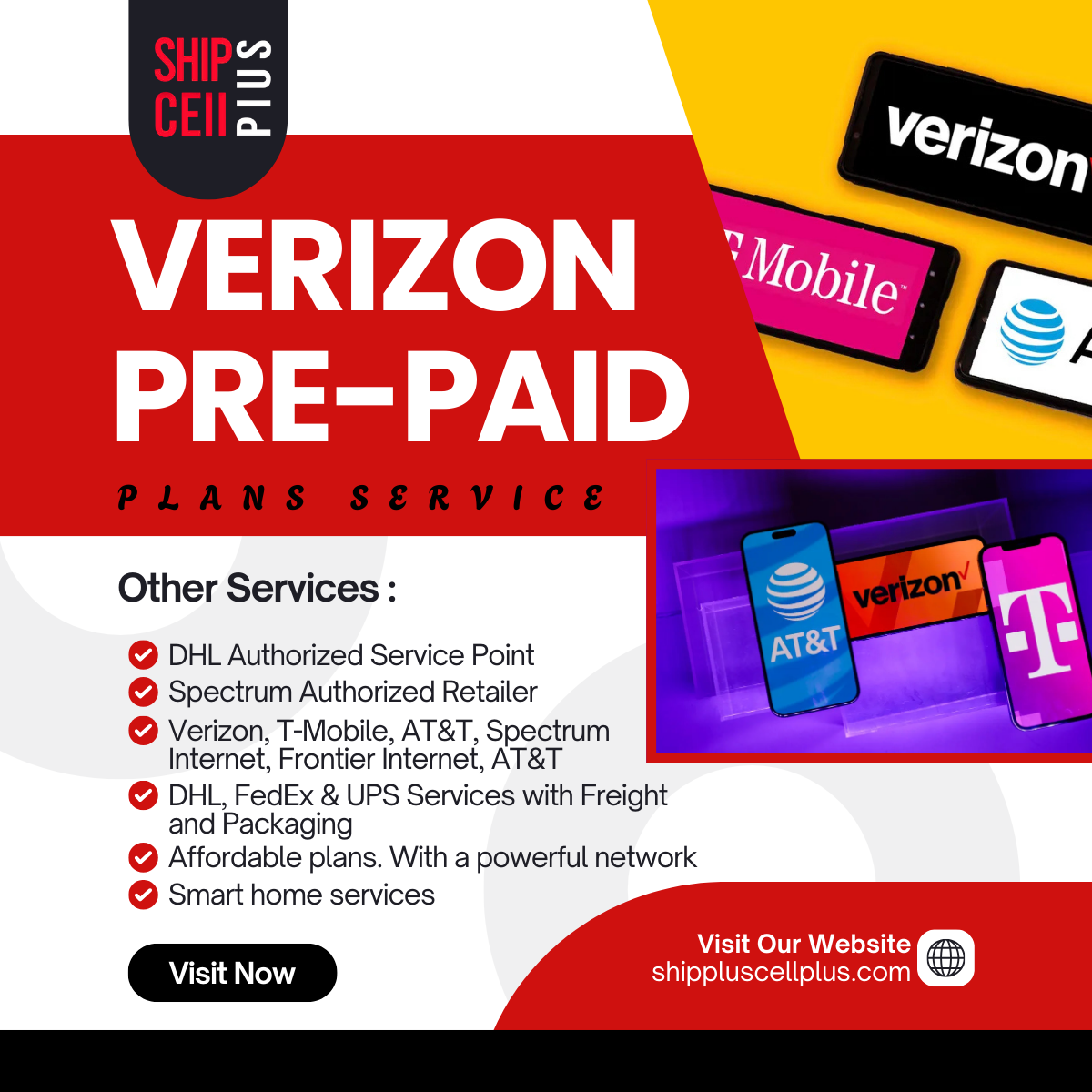 Ship Plus Cell Plus store in Chatsworth offering prepaid Verizon, prepaid wireless plans, bill payments, and internet services.