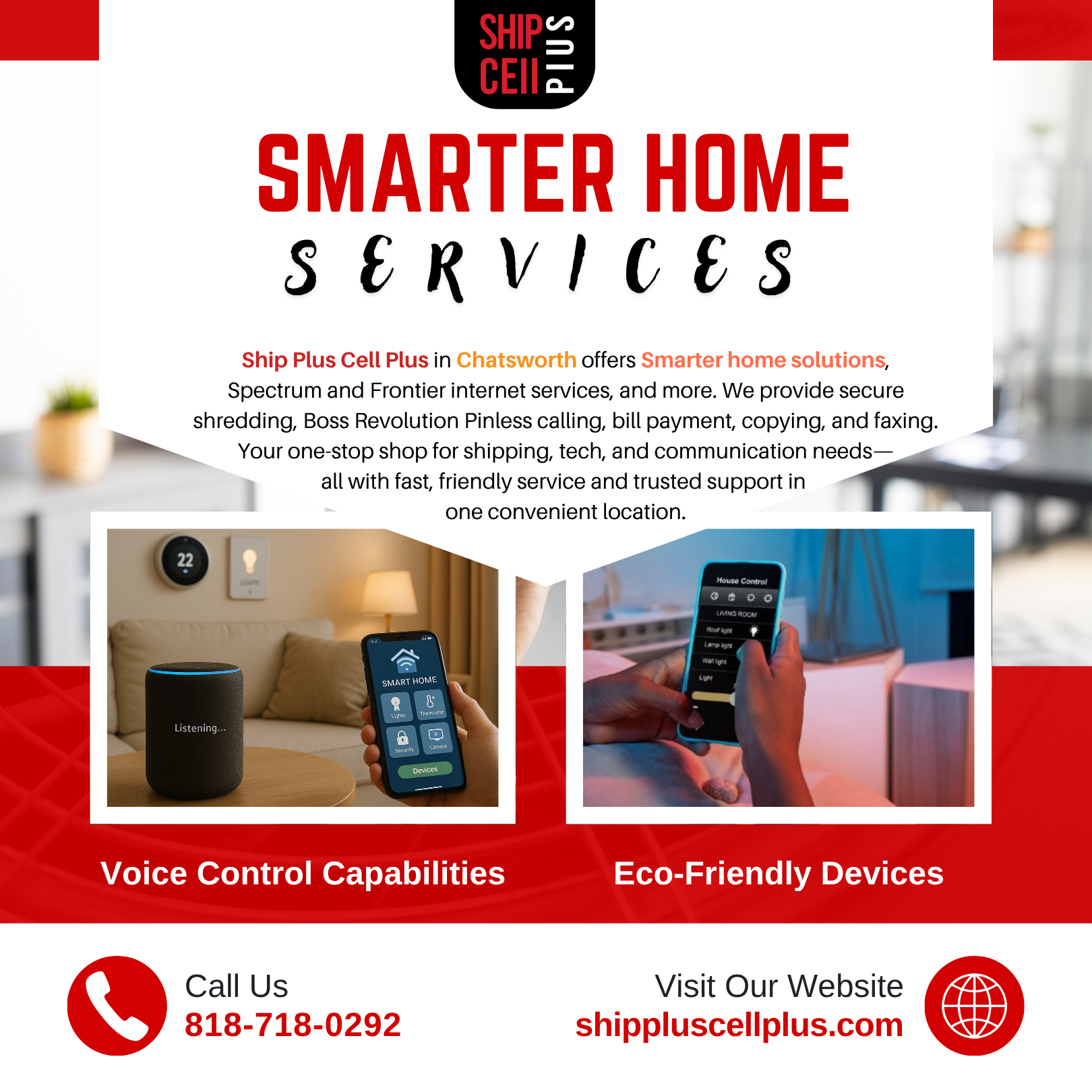 Smart home solutions, internet setup, and shipping services available at Ship Plus Cell Plus in Chatsworth, CA.