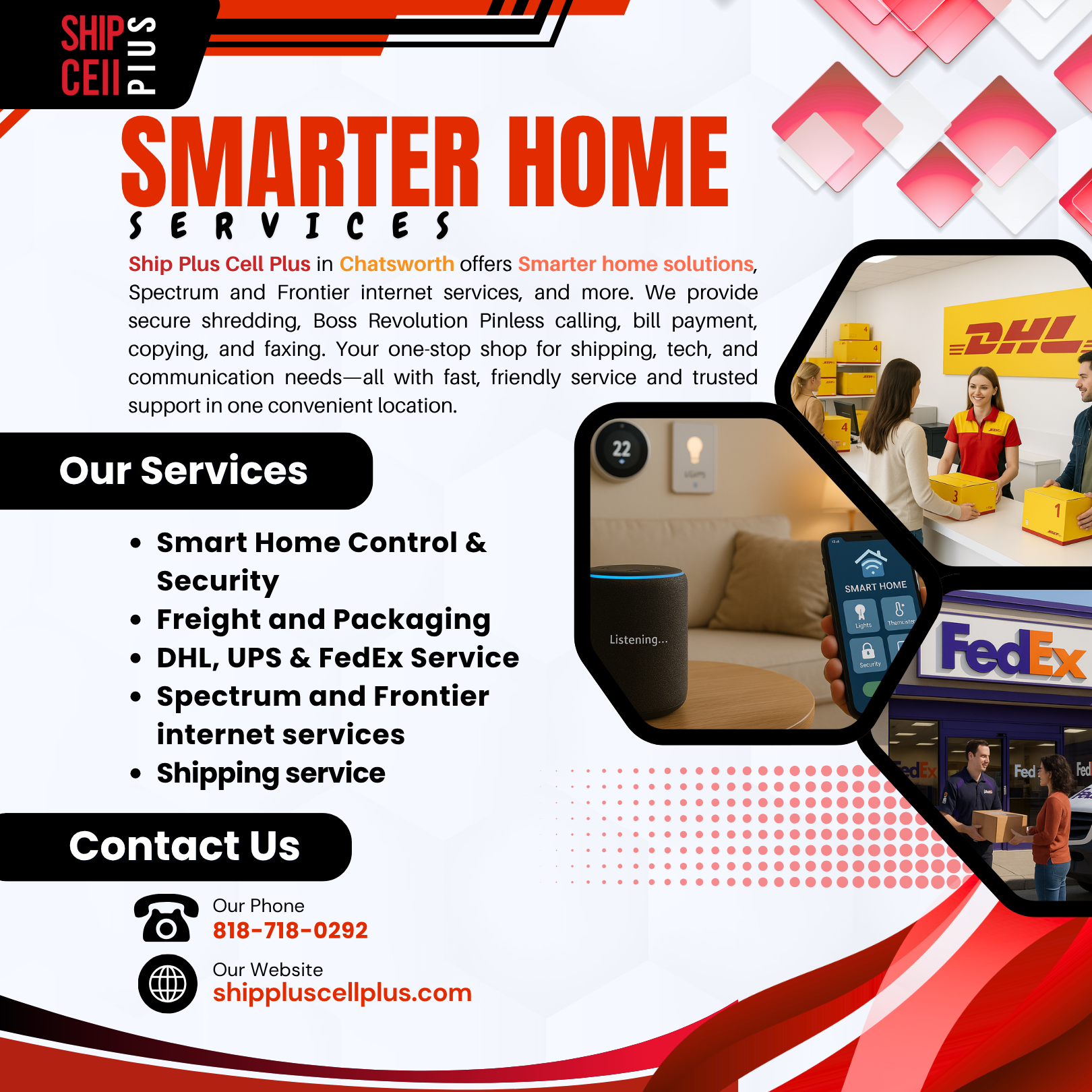 Exterior of Ship Plus Cell Plus in Chatsworth offering smart home solutions, internet services, secure shredding, bill payment, copying, and faxing.