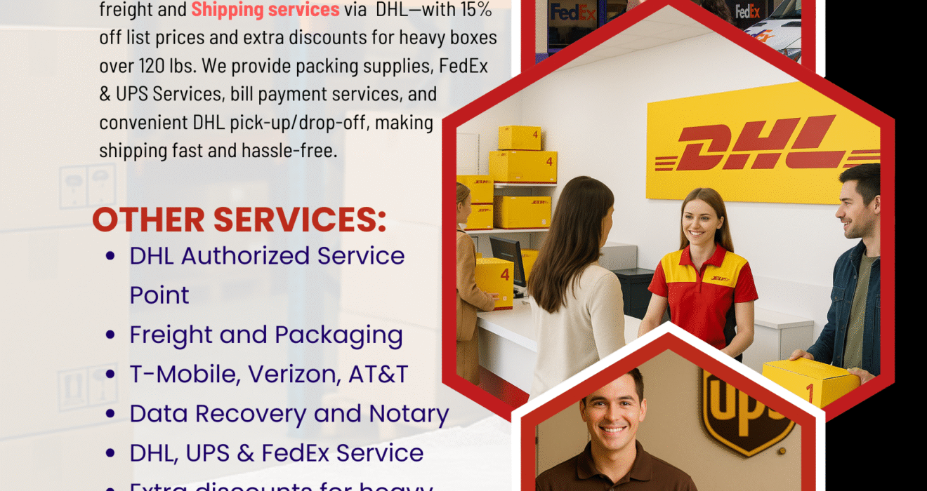Customer using DHL international shipping service at Ship Plus Cell Plus Chatsworth.