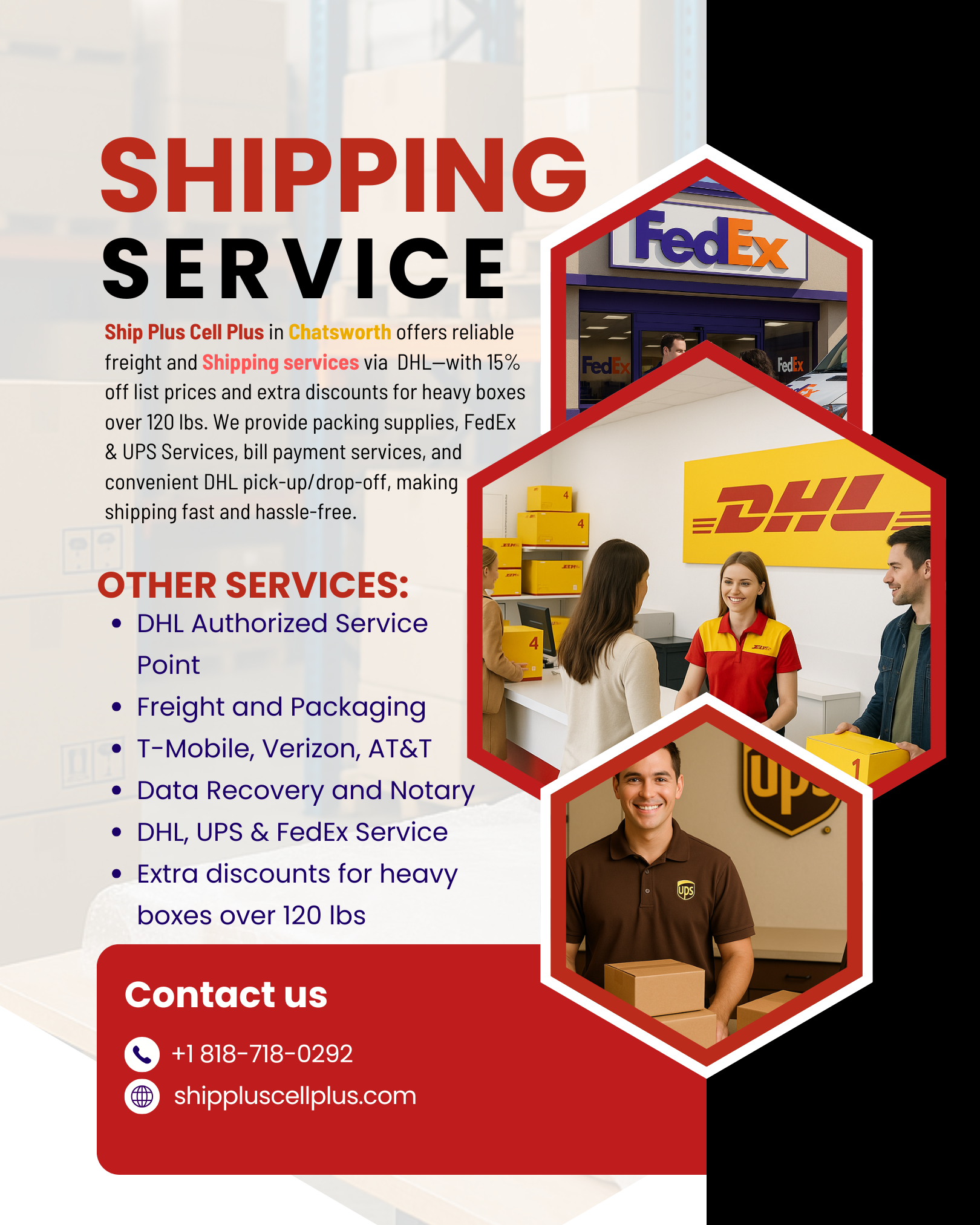 Customer using DHL international shipping service at Ship Plus Cell Plus Chatsworth.