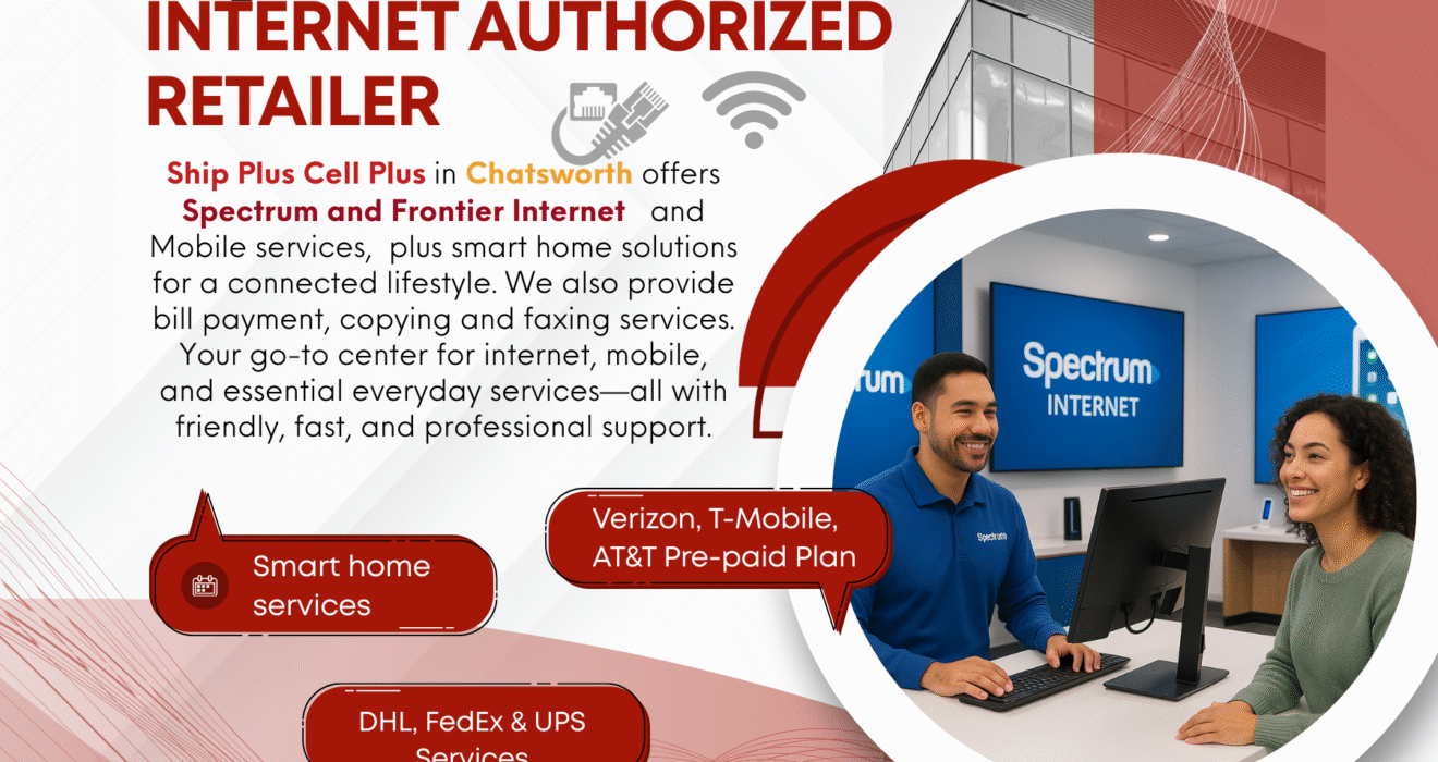 Customer using Ship Plus Cell Plus in Chatsworth for shipping, internet setup, and virtual mailbox services