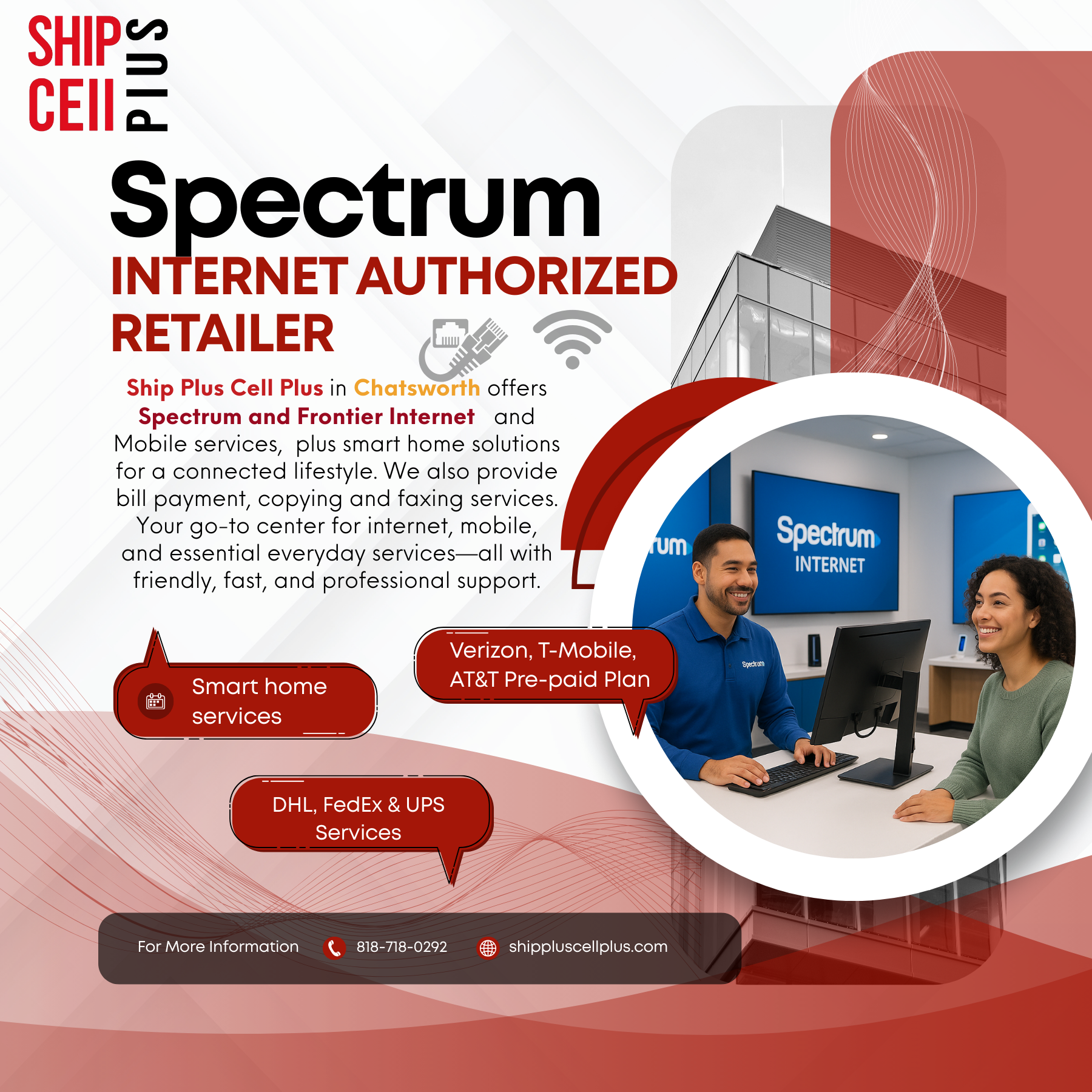 Customer using Ship Plus Cell Plus in Chatsworth for shipping, internet setup, and virtual mailbox services