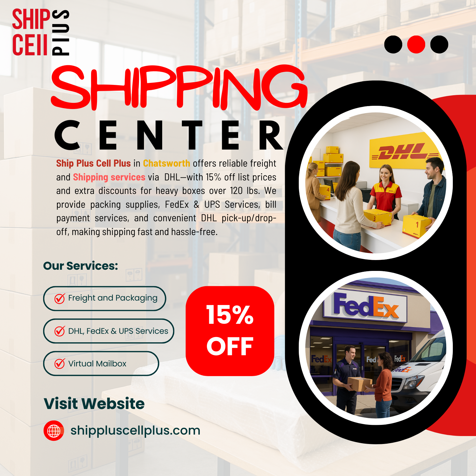 Front counter of Ship Plus Cell Plus in Chatsworth offering DHL shipping, FedEx and UPS services, freight packaging, bill pay, and Virtual Mailbox solutions.