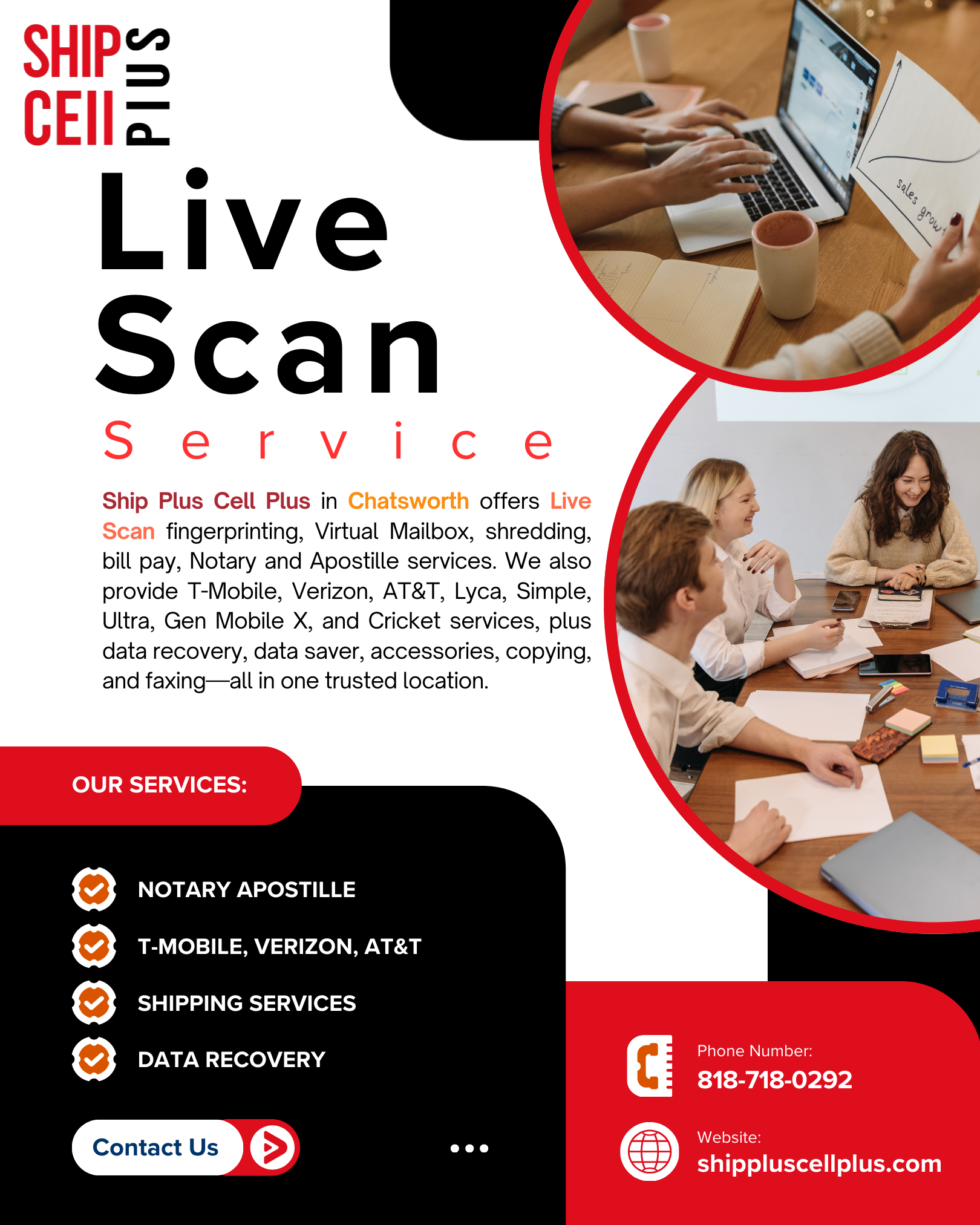 Front view of Ship Plus Cell Plus in Chatsworth offering Live Scan, Virtual Mailbox, Notary, Apostille, shredding, bill pay, fax, copying, and mobile services from top carriers.