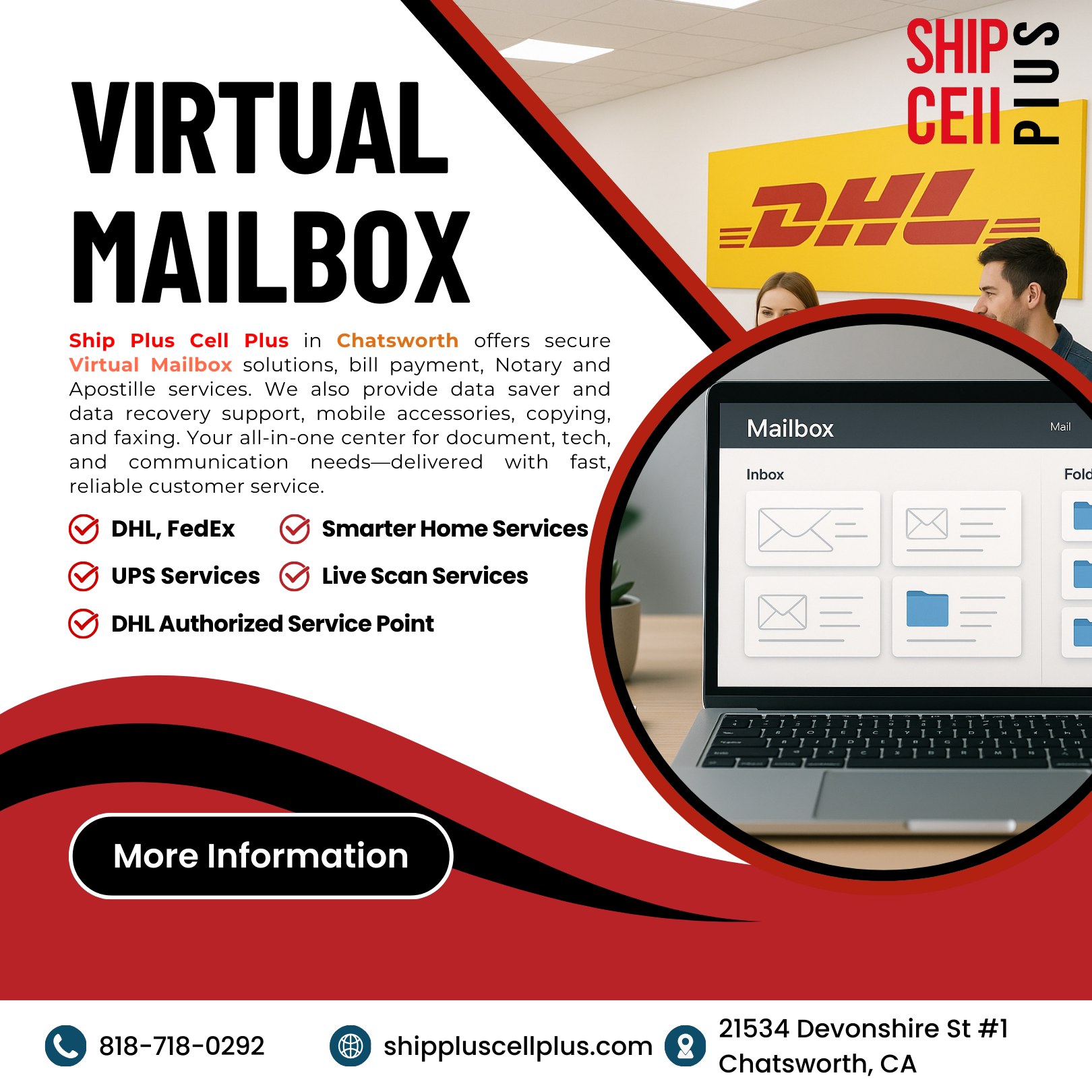 Virtual Mailbox service in Chatsworth at Ship Plus Cell Plus for secure remote mail management