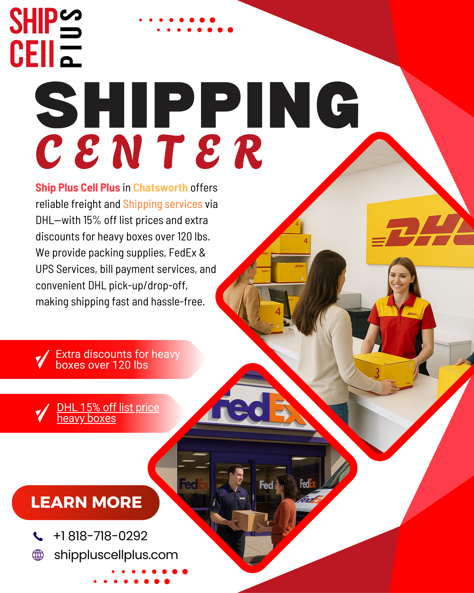 Ship Plus Cell Plus in Chatsworth offering DHL shipping services, discounted heavy box freight, packing supplies, and fast shipping solutions.