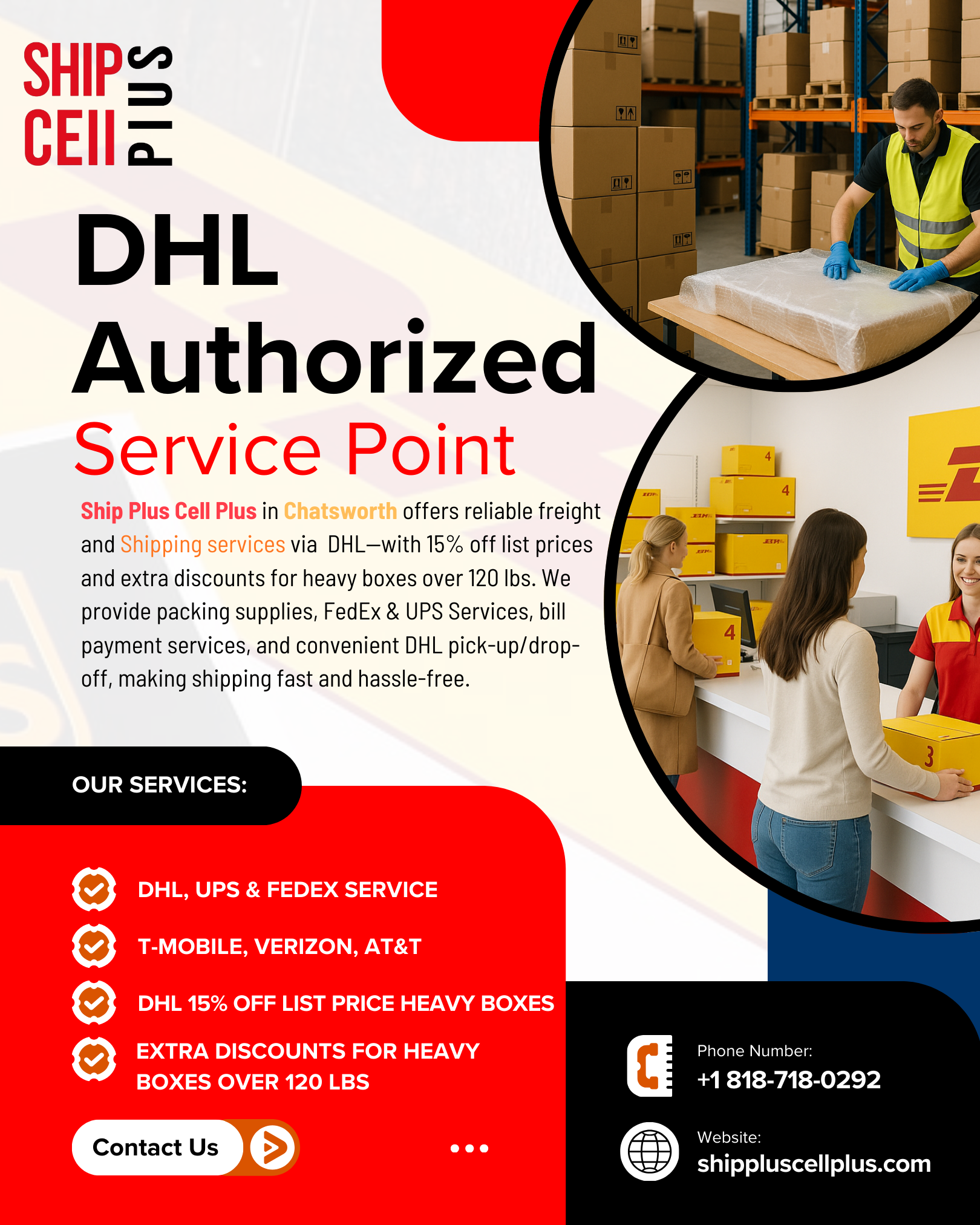 DHL shipping service in Chatsworth at Ship Plus Cell Plus with discounts on freight, packing, and drop-off services.