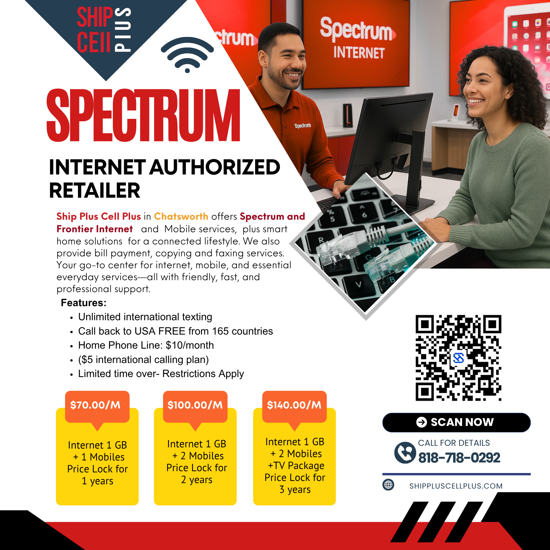 Affordable international calling and unlimited texting plans available at Ship Plus Cell Plus in Chatsworth, offering $10 home phone service and prepaid wireless deals.