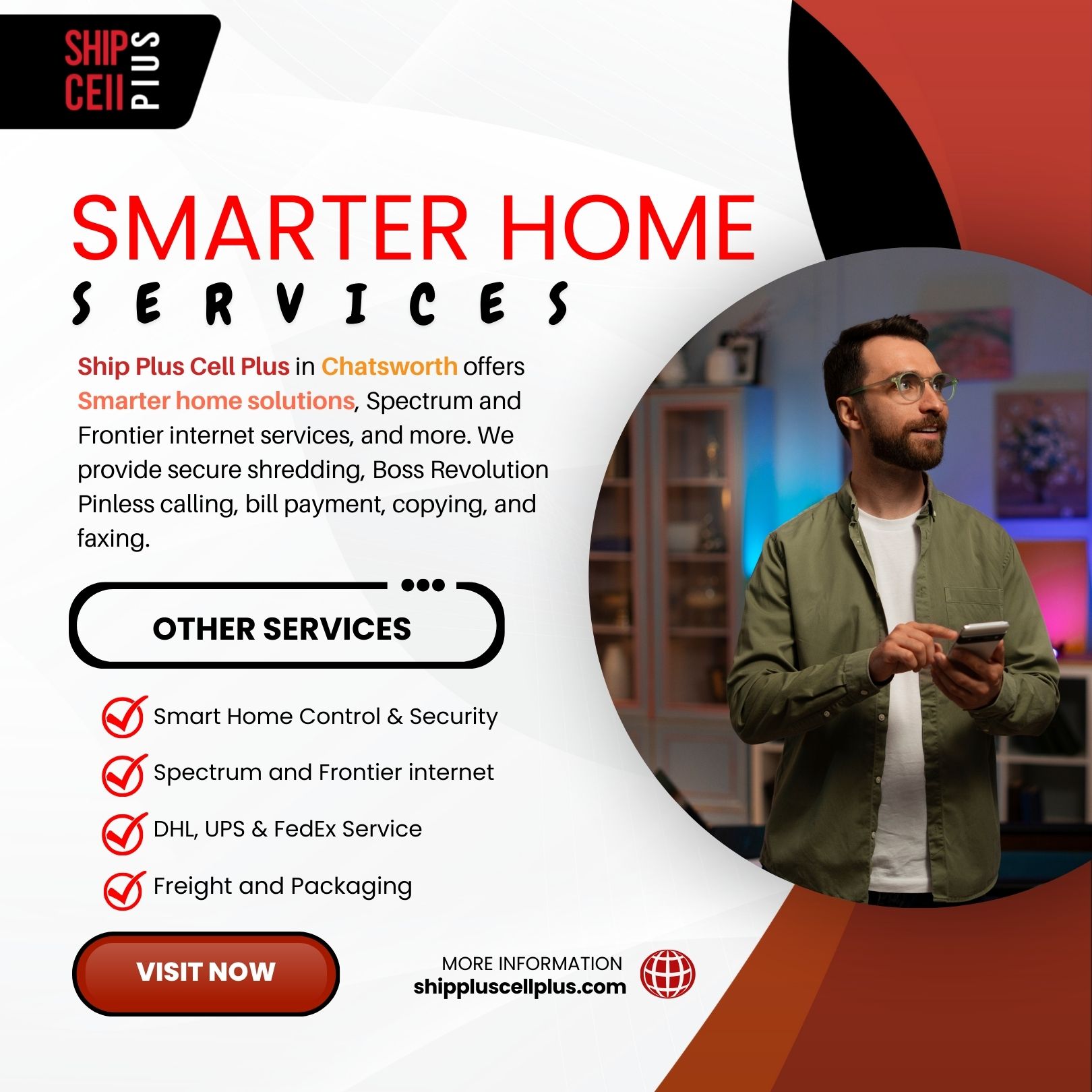 Ship Plus Cell Plus in Chatsworth offering smart home solutions, Spectrum and Frontier internet, shredding, Boss Revolution calling, bill payments, and communication services.