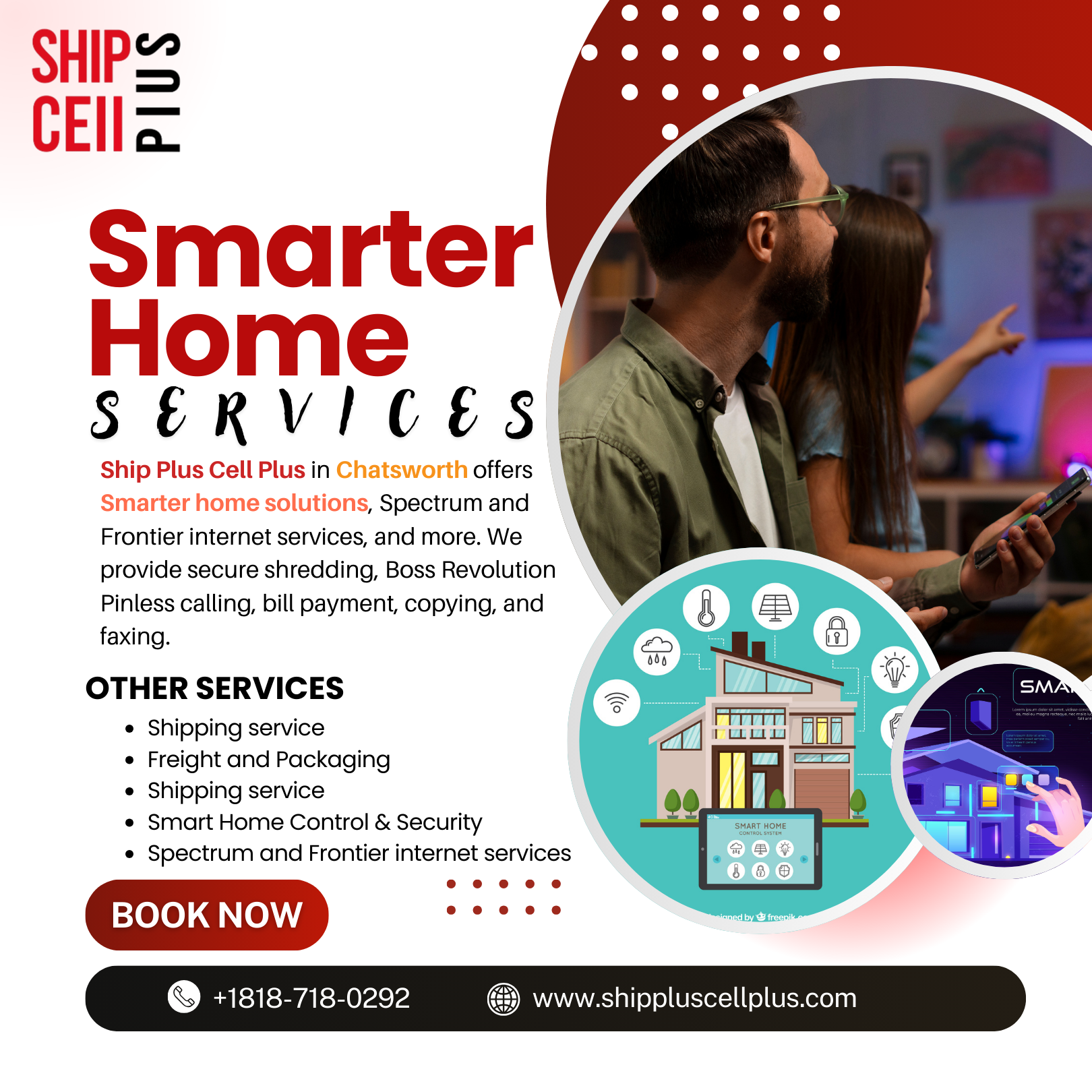 Ship Plus Cell Plus store in Chatsworth offering smart home solutions, Spectrum and Frontier internet, DHL shipping, shredding, bill pay, and business services.