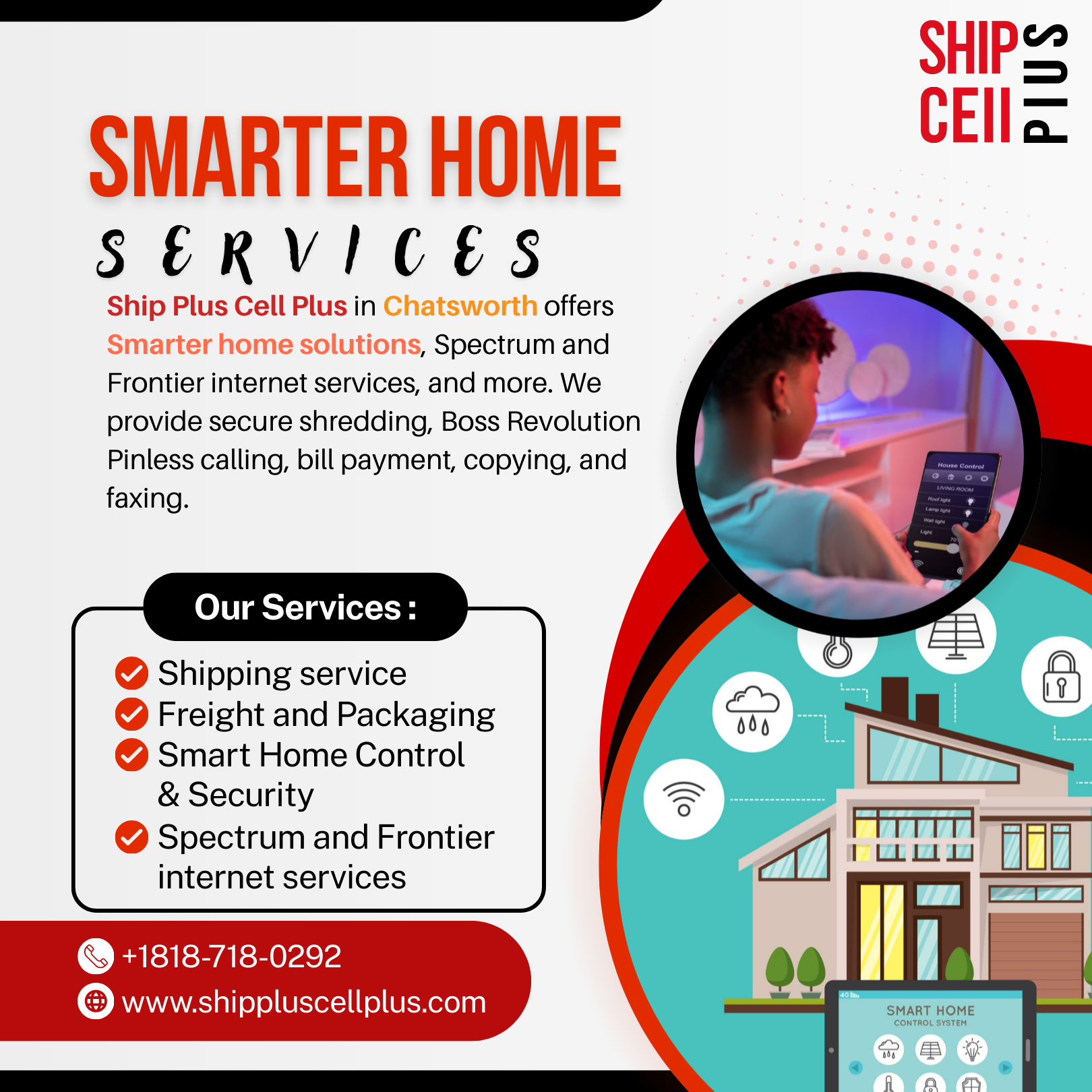 Ship Plus Cell Plus store in Chatsworth, CA offering DHL shipping, prepaid mobile, internet, shredding, and virtual mailbox services.