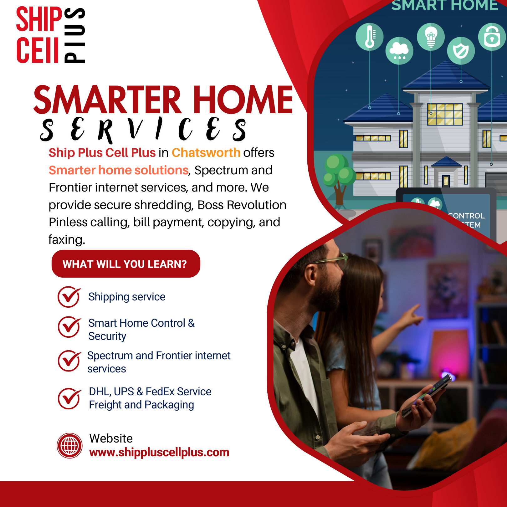 Ship Plus Cell Plus Chatsworth location offering T-Mobile, AT&T, Verizon plans, DHL shipping, FedEx, UPS, bill payment, and packaging supplies.